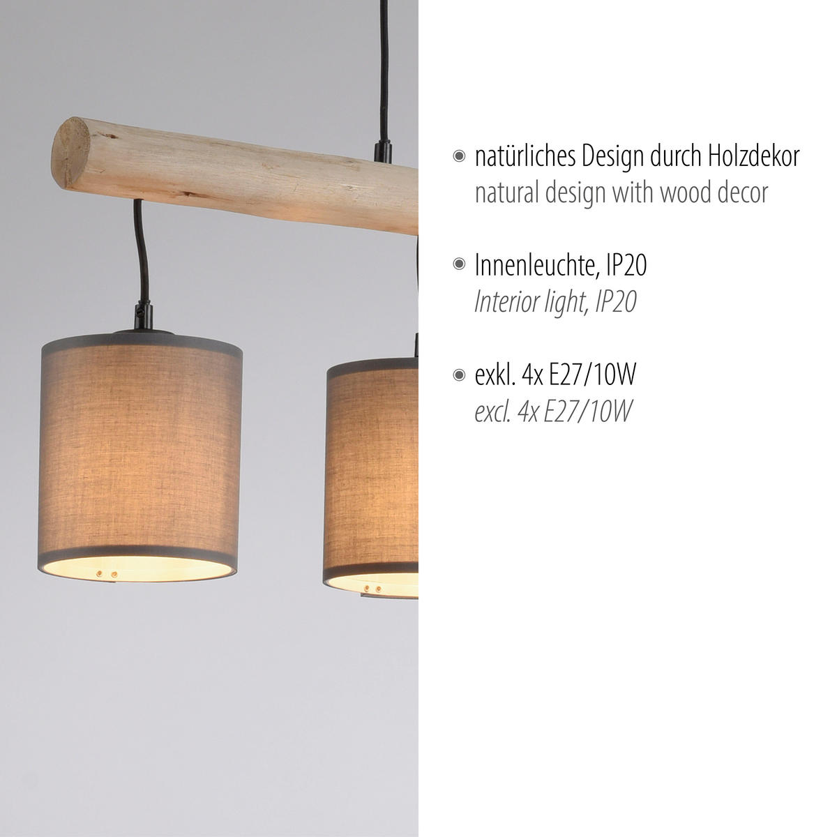 PENDELLEUCHTE Tribu 82,5/13,5/60-120 cm   - Taupe/Schwarz, Natur, Holz/Kunststoff (82,5/13,5/60-120cm)