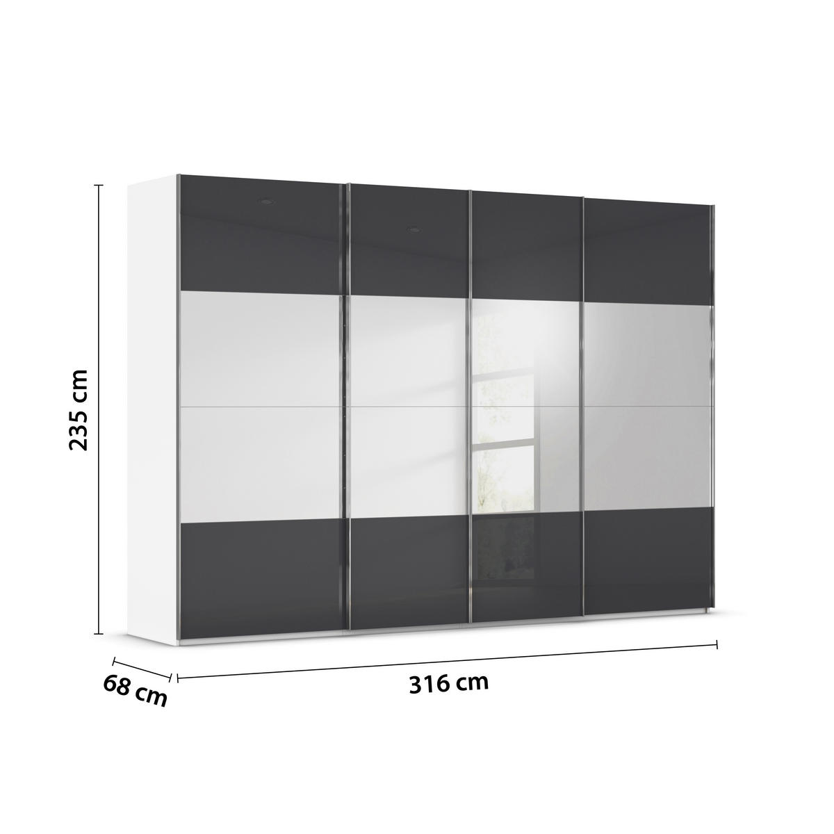 SCHWEBETÜRENSCHRANK 316/235/68 cm 4-türig Schwarz, Weiß  - Chromfarben/Schwarz, Design, Glas/Holzwerkstoff (316/235/68cm) - Novel
