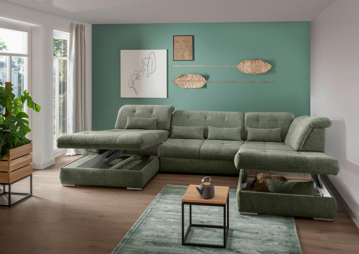 WOHNLANDSCHAFT in Chenille Dunkelgrün  - Chromfarben/Dunkelgrün, Design, Textil/Metall (195/376/254cm) - Livetastic
