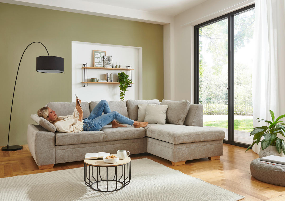 ECKSCHLAFSOFA  in Chenille Hellbraun  - Hellbraun/Eiche Bianco, KONVENTIONELL, Holz/Textil (253/170cm) - Beldomo Style