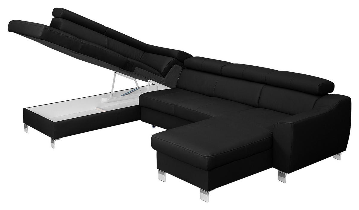 WOHNLANDSCHAFT in Lederlook Echtleder Schwarz  - Chromfarben/Schwarz, Design, Leder/Textil (208/315/175cm) - Livetastic
