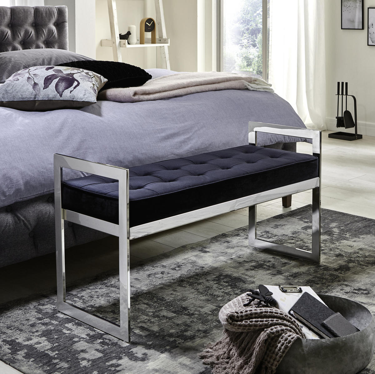 HOCKERBANK in Metall, Textil Schwarz, Edelstahlfarben  - Edelstahlfarben/Schwarz, Design, Textil/Metall (100/57/41cm)