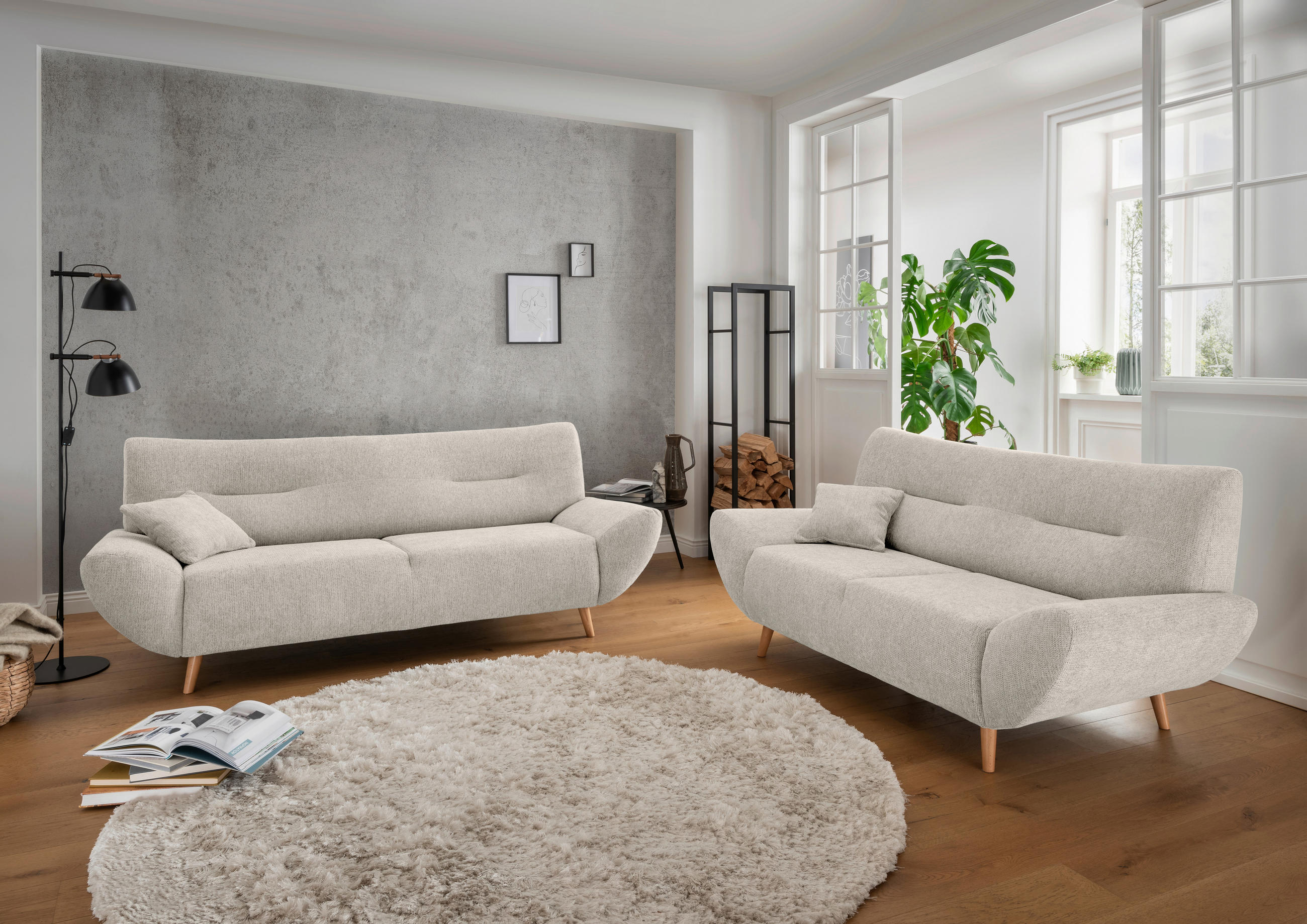 3-SITZER-SOFA Chenille Beige  - Wildeiche/Beige, MODERN, Holz/Textil (205/81/90cm) - MID.YOU