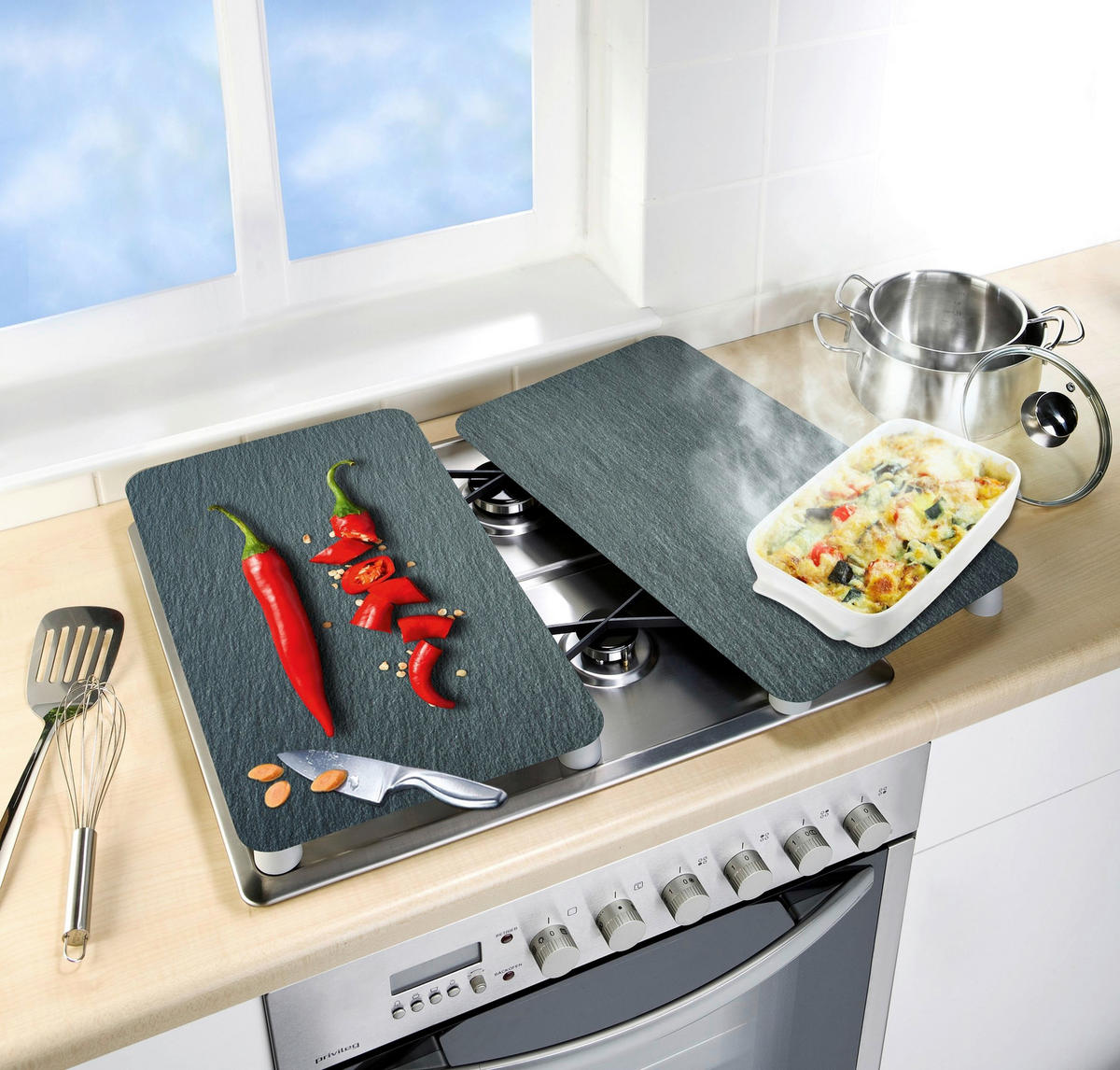 HERDABDECKPLATTE 53890100  - Schieferfarben/Rot, Design, Glas/Kunststoff (30/1,8-5,5/52cm) - Wenko