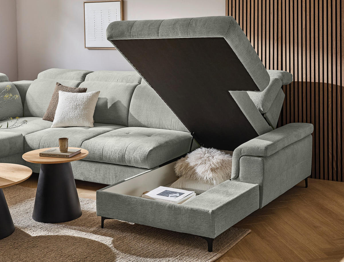 WOHNLANDSCHAFT Grau, Hellgrau Struktur  - Hellgrau/Schwarz, Design, Textil/Metall (270/364/190cm) - Stylife