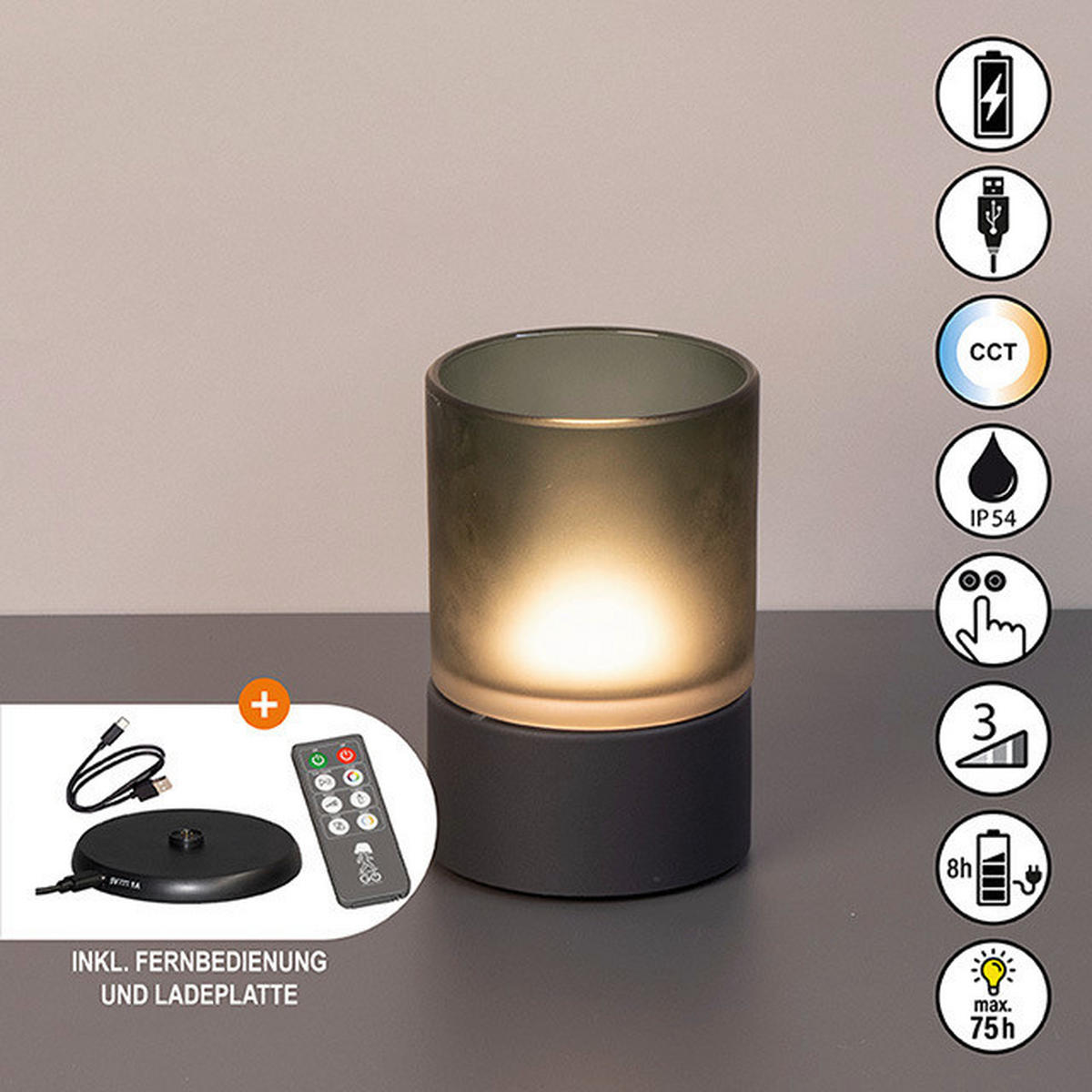 AKKU-TISCHLEUCHTE Ariva Pro 9,5/14,5 cm  - Salbeigrün/Graubraun, Design, Glas/Metall (9,5/14,5cm)