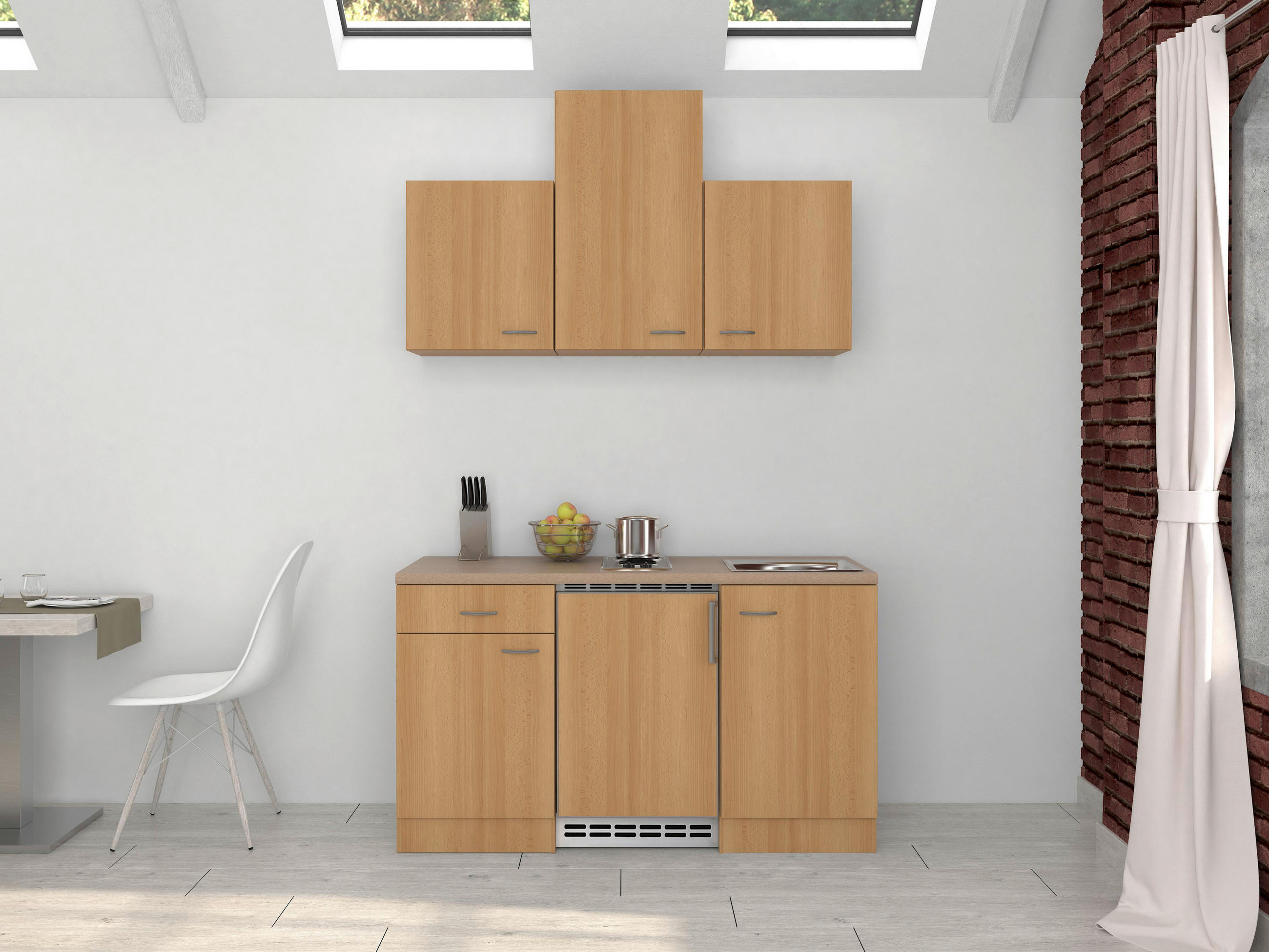 MINIKÜCHE 150 cm in Creme, Buchefarben - Buchefarben/Creme, MODERN (150cm) - MID.YOU