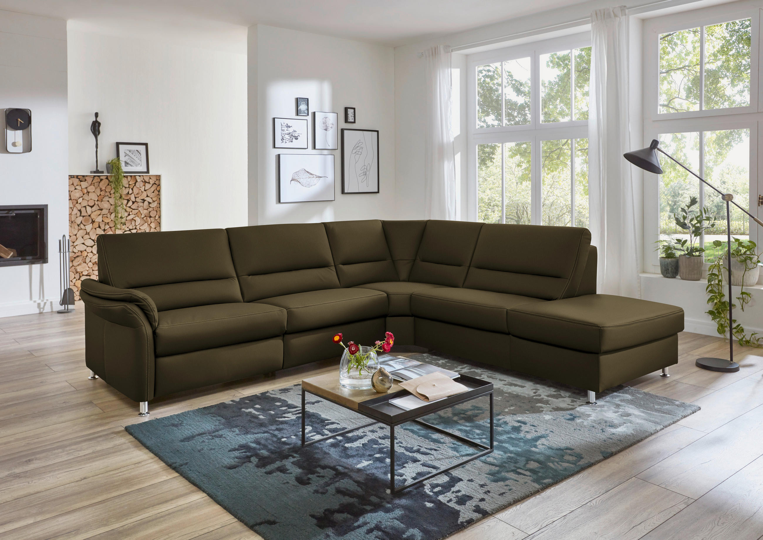 ECKSOFA in Echtleder Grün  288/249 cm  - Beige/Alufarben, Design, Leder/Metall (288/249cm) - Beldomo Premium