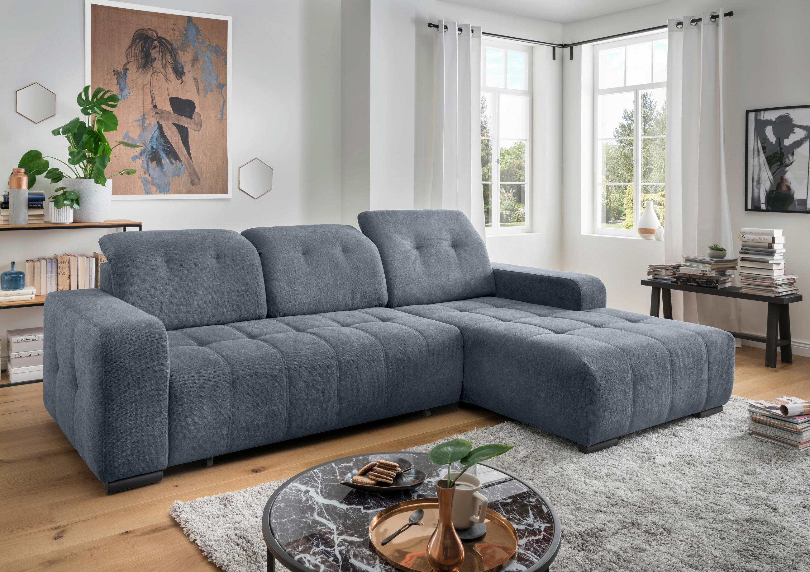 ECKSOFA VICARI Blau Mikrofaser Kopfteilverstellung, Sitzvorzug  - Blau/Schwarz, MODERN, Textil/Metall (292/185cm) - Livetastic