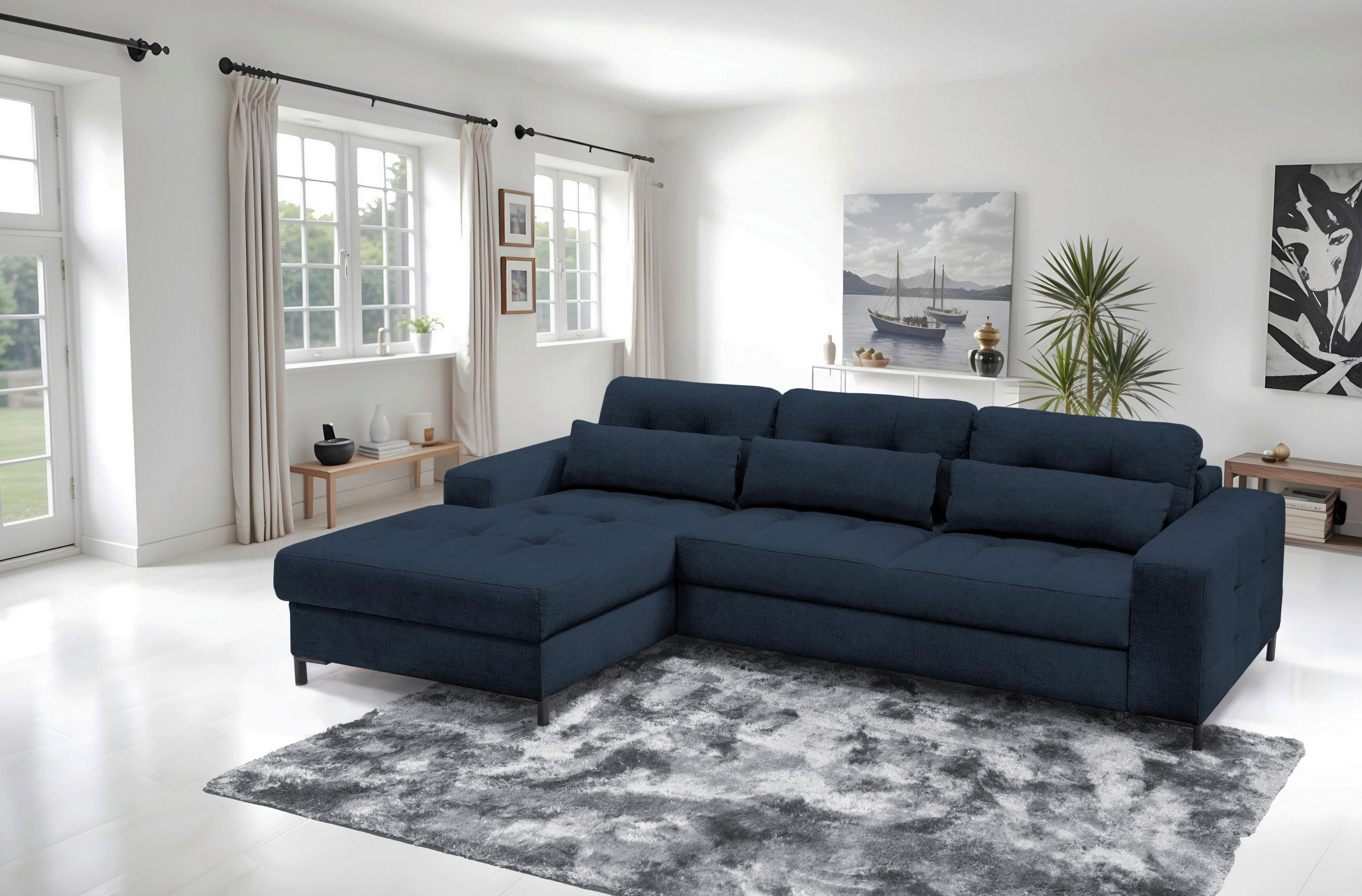 ECKSOFA in Struktur Dunkelblau  - Schwarz/Dunkelblau, Design, Textil/Metall (176/255cm) - Livetastic
