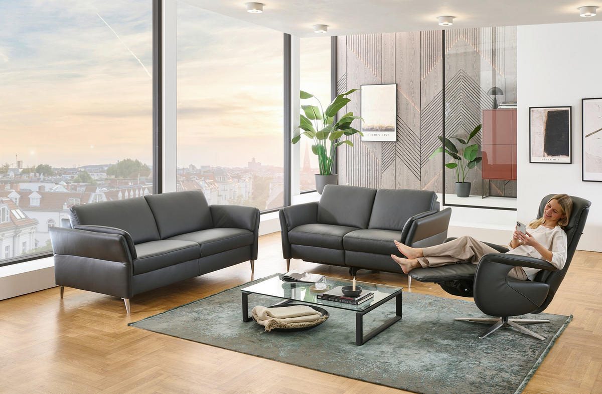 3-SITZER-SOFA Echtleder Anthrazit  - Anthrazit/Alufarben, Konventionell, Leder/Metall (190/84/99cm) - Dieter Knoll