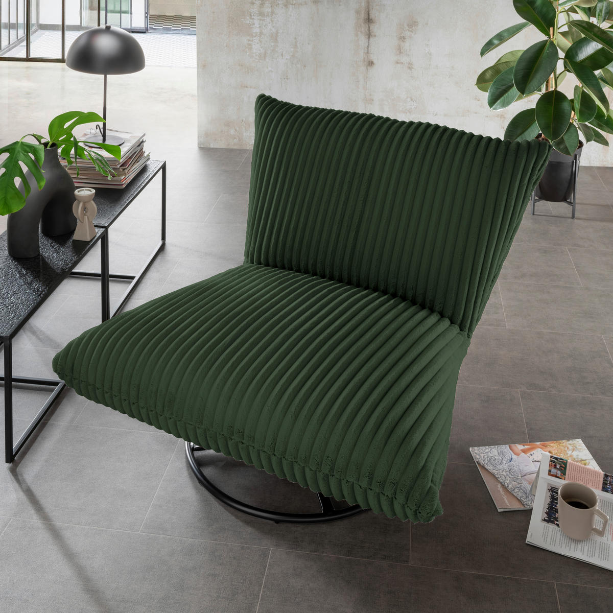 RELAXSESSEL Crermona Cord Rücken echt    - Schwarz/Grün, Design, Textil/Metall (100/78/96cm) - Livetastic