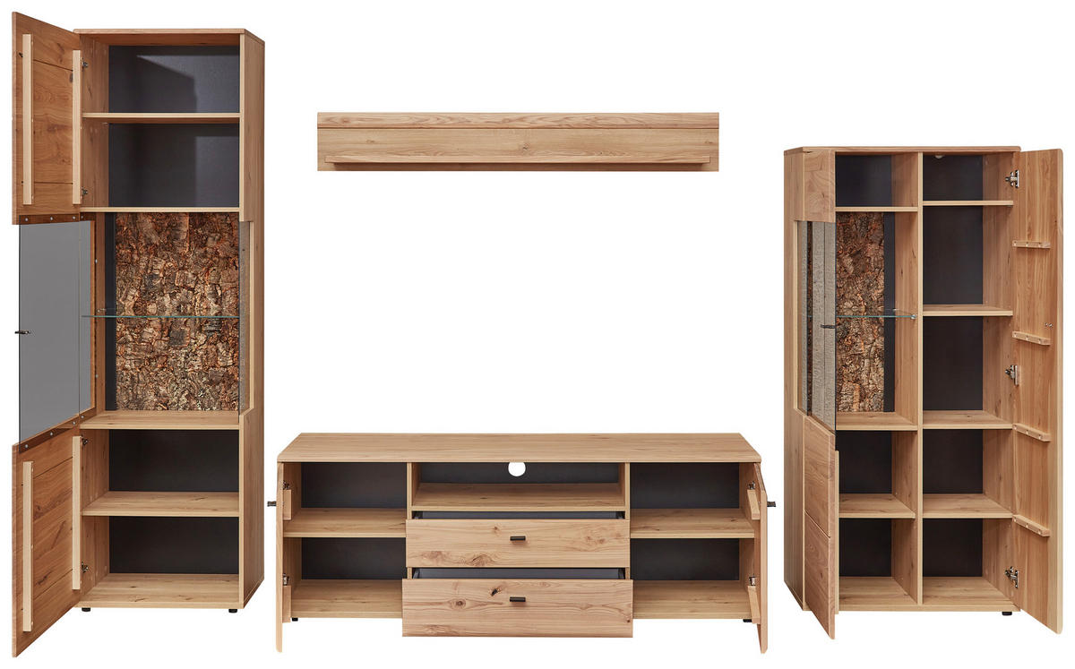WOHNWAND  in Eschefarben, Braun, Eiche Artisan  331/205/50 cm  - Anthrazit/Eschefarben, Natur, Glas/Holz (331/205/50cm) - Linea Natura
