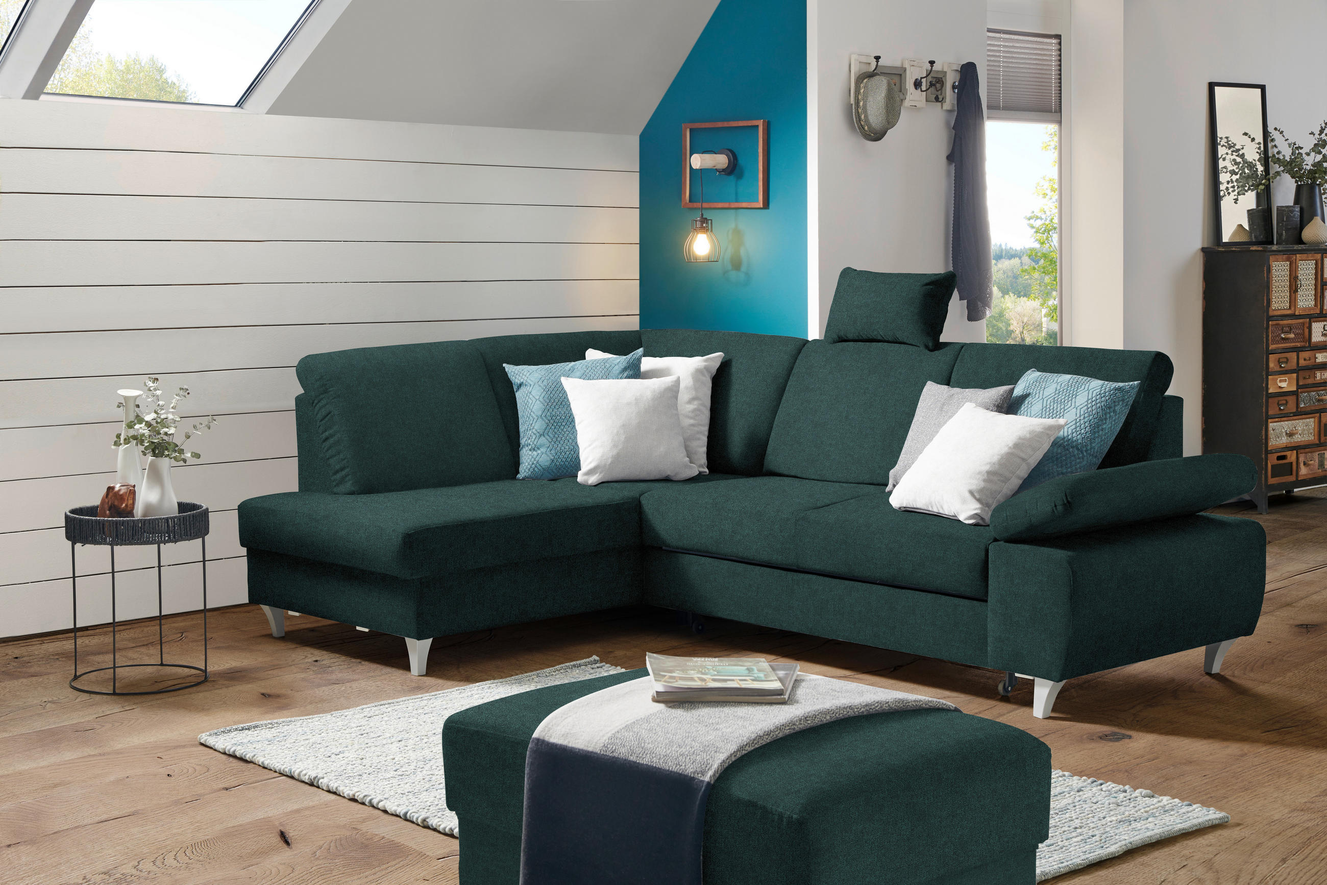 ECKSOFA in Flachgewebe Dunkelgrün  - Dunkelgrün/Silberfarben, Konventionell, Holz/Textil (186/255cm) - Cantus
