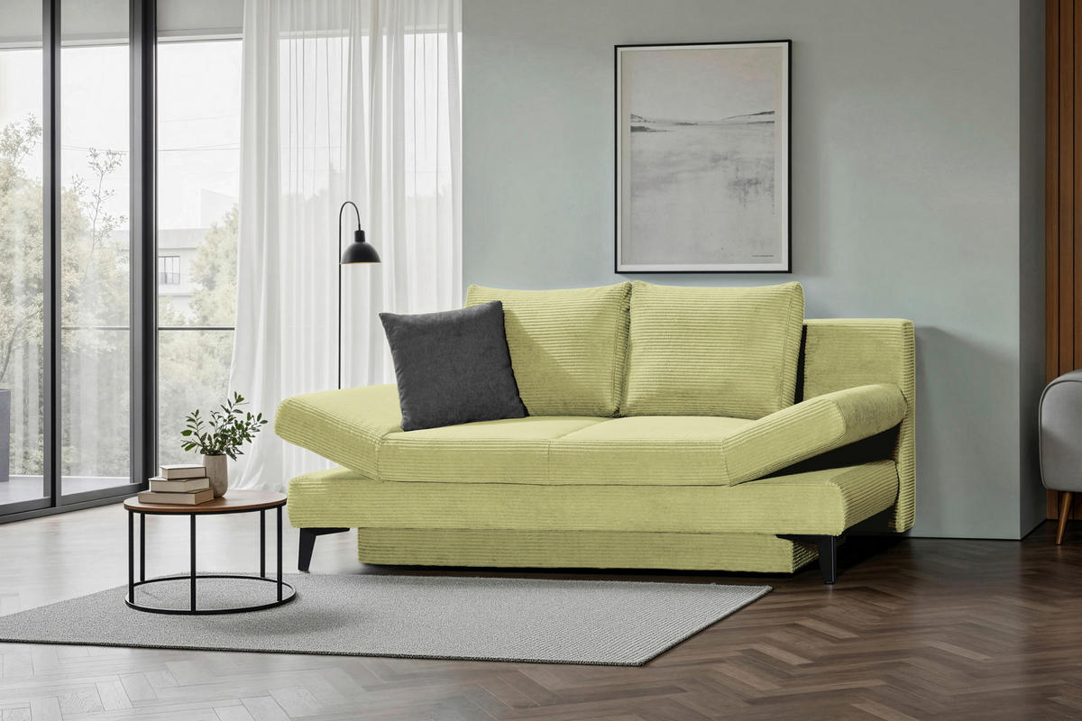 SCHLAFSOFA Cord Hellgrün  inkl. Bettkasten, Schlaffunktion, Armteilverstellung  - Schwarz/Hellgrün, Design, Textil/Metall (200/85/90cm) - Novel