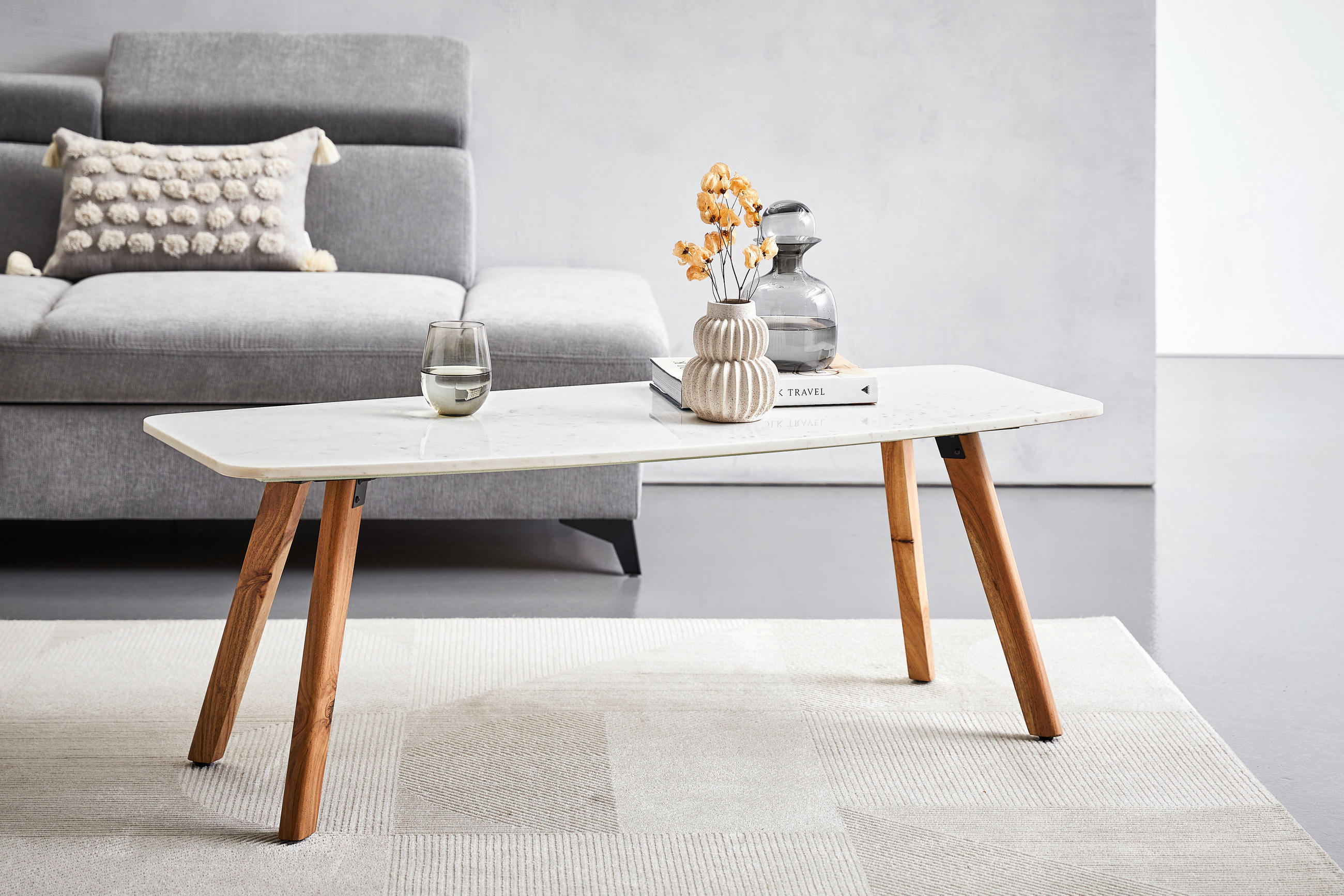 KONFERENČNÝ STOLÍK, biela, farba akácie, drevo, kameň, 130/45/50 cm - farba akácie/biela, Lifestyle, drevo/kameň (130/45/50cm) - MID.YOU