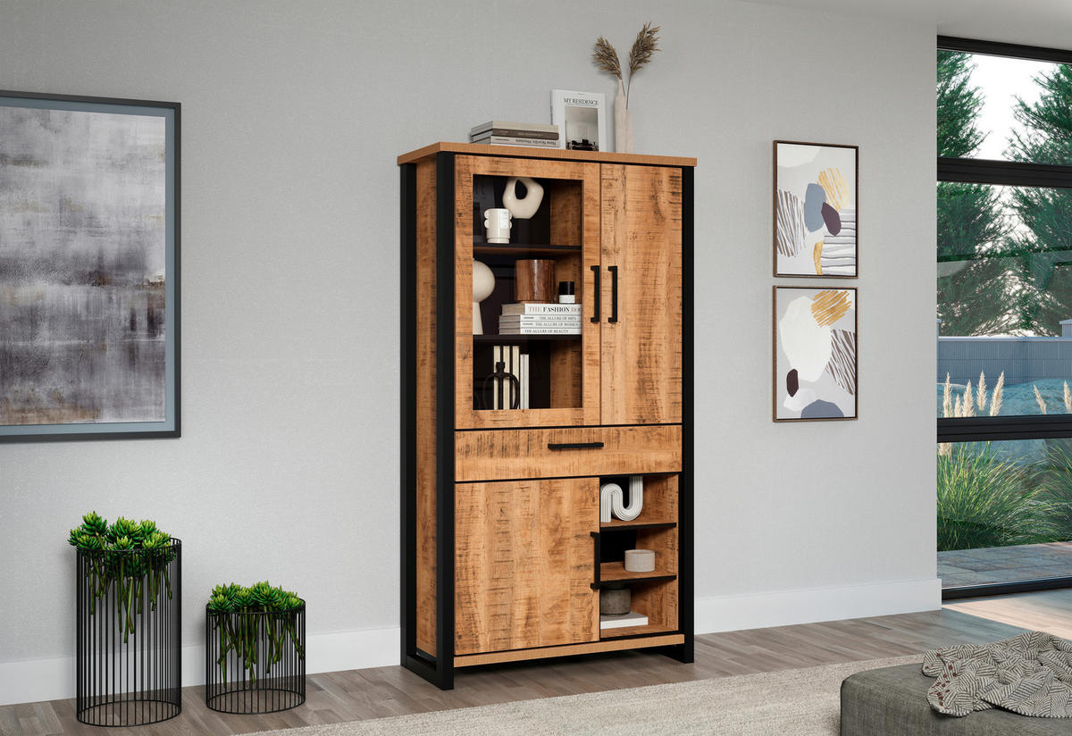VITRINE ENNA WO in Naturfarben, Schwarz  - Schwarz/Naturfarben, Design, Glas/Holzwerkstoff (106/195/45cm) - MID.YOU