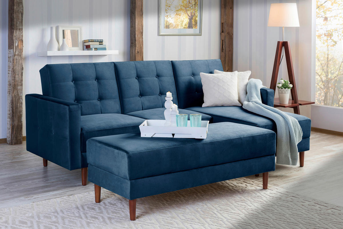 ECKSCHLAFSOFA inkl. Hocker in Dunkelblau Textil   - Eschefarben/Dunkelblau, Design, Holz/Textil (223/152cm) - Max Winzer