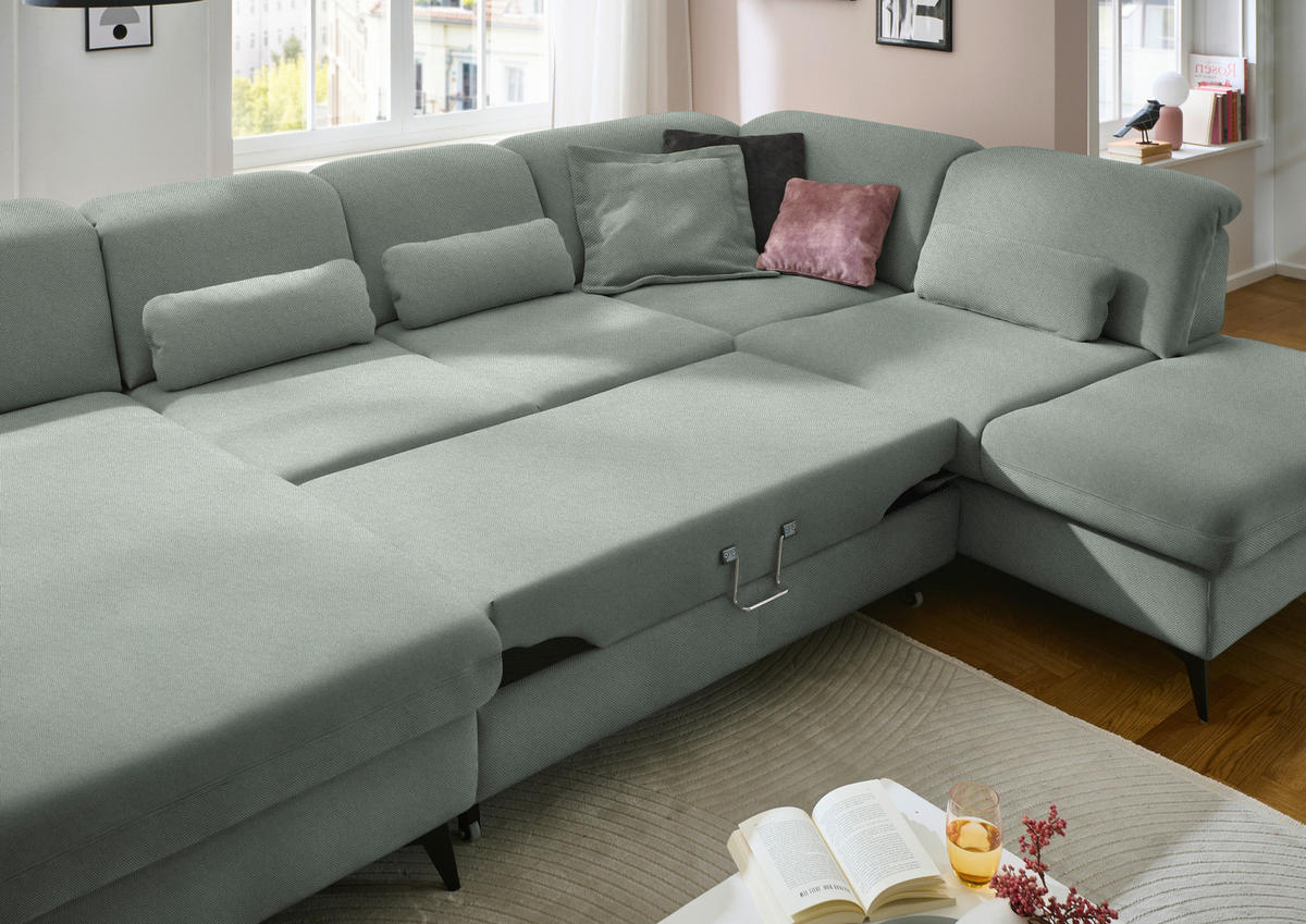 WOHNLANDSCHAFT Chenille Hellgrau  - Hellgrau/Schwarz, Design, Textil/Metall (198/369/255cm) - Beldomo Style