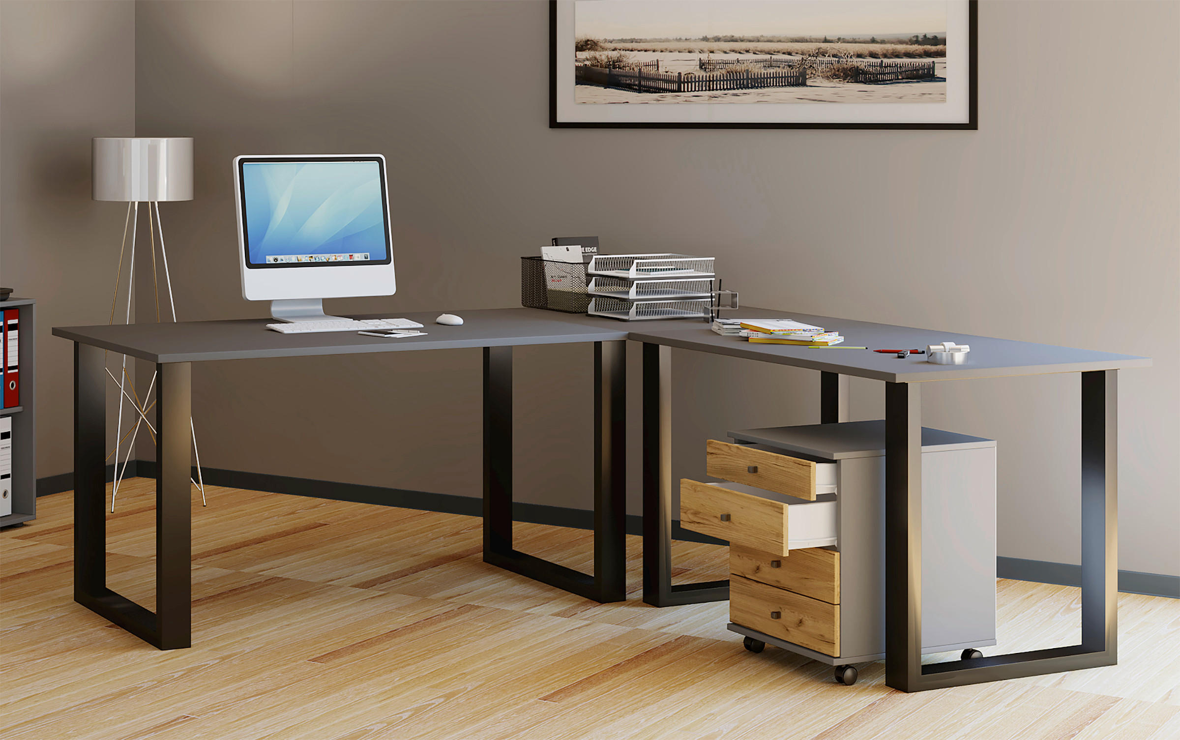 ECKSCHREIBTISCH 220/220/76 cm  in Anthrazit, Schwarz  - Anthrazit/Schwarz, Design, Holzwerkstoff/Metall (220/220/76cm) - MID.YOU