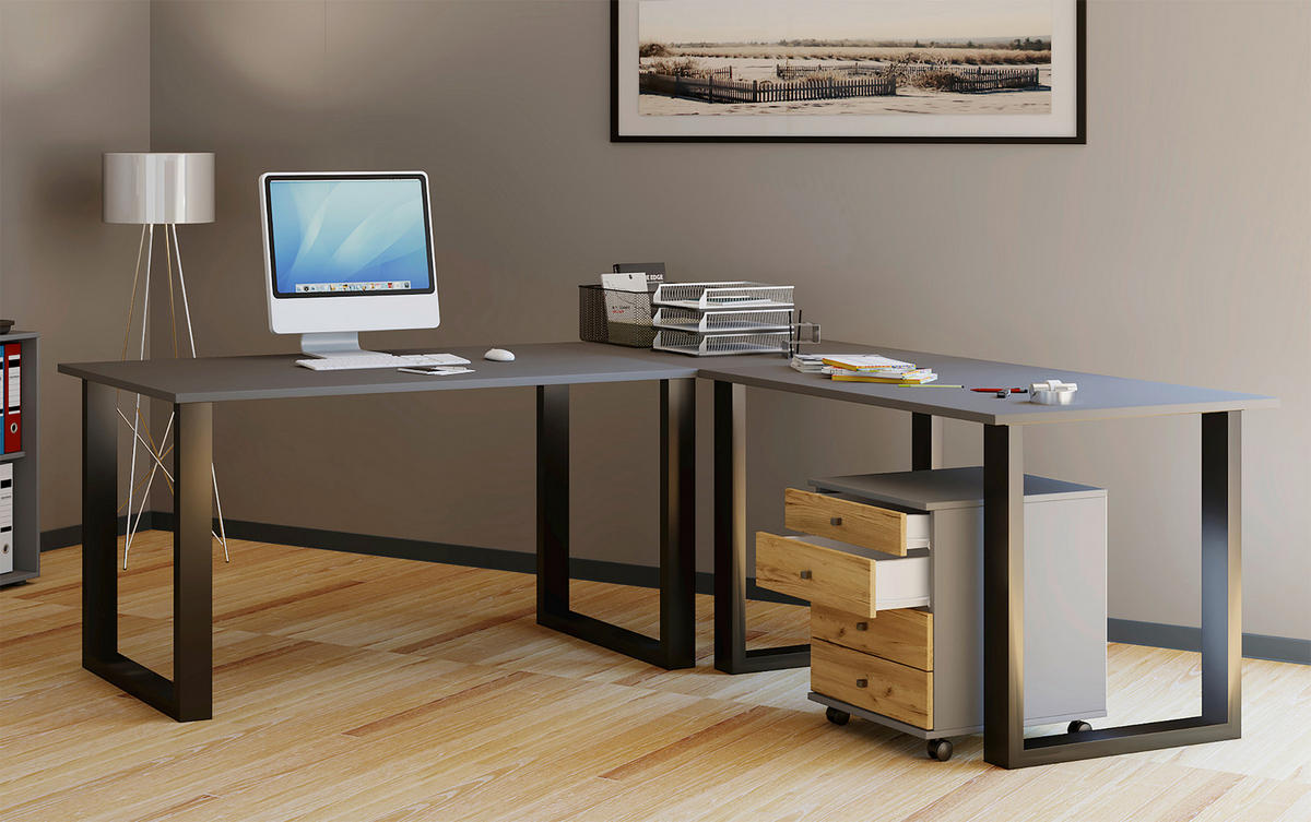 ECKSCHREIBTISCH 190/190/76 cm  in Anthrazit, Schwarz  - Anthrazit/Schwarz, Design, Holzwerkstoff/Metall (190/190/76cm) - MID.YOU