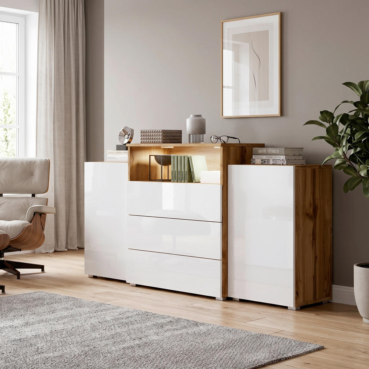 KOMODA   150/80,7/39 cm   hrast Wotan, bijela visoki sjaj  - siva/bijela visoki sjaj, Lifestyle, drvni materijal/plastika (150/80,7/39cm) - P & B