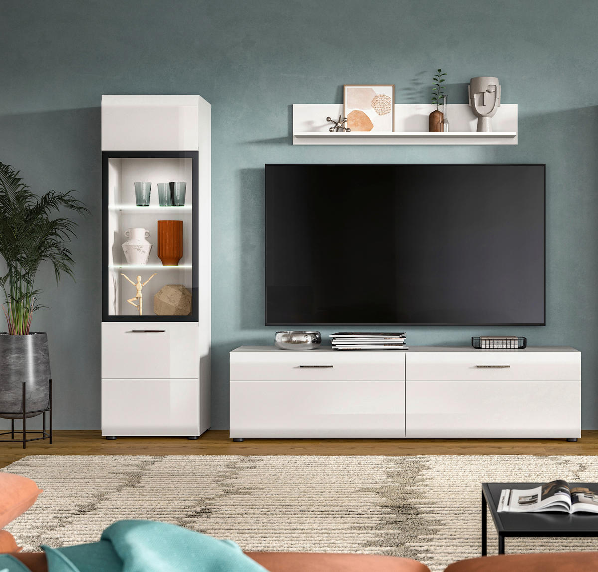 REGAL ZA DNEVNI BORAVAK bijela, bijela visoki sjaj   - bijela/srebrne boje, Design, staklo/drvni materijal (220/160/41cm) - Livetastic