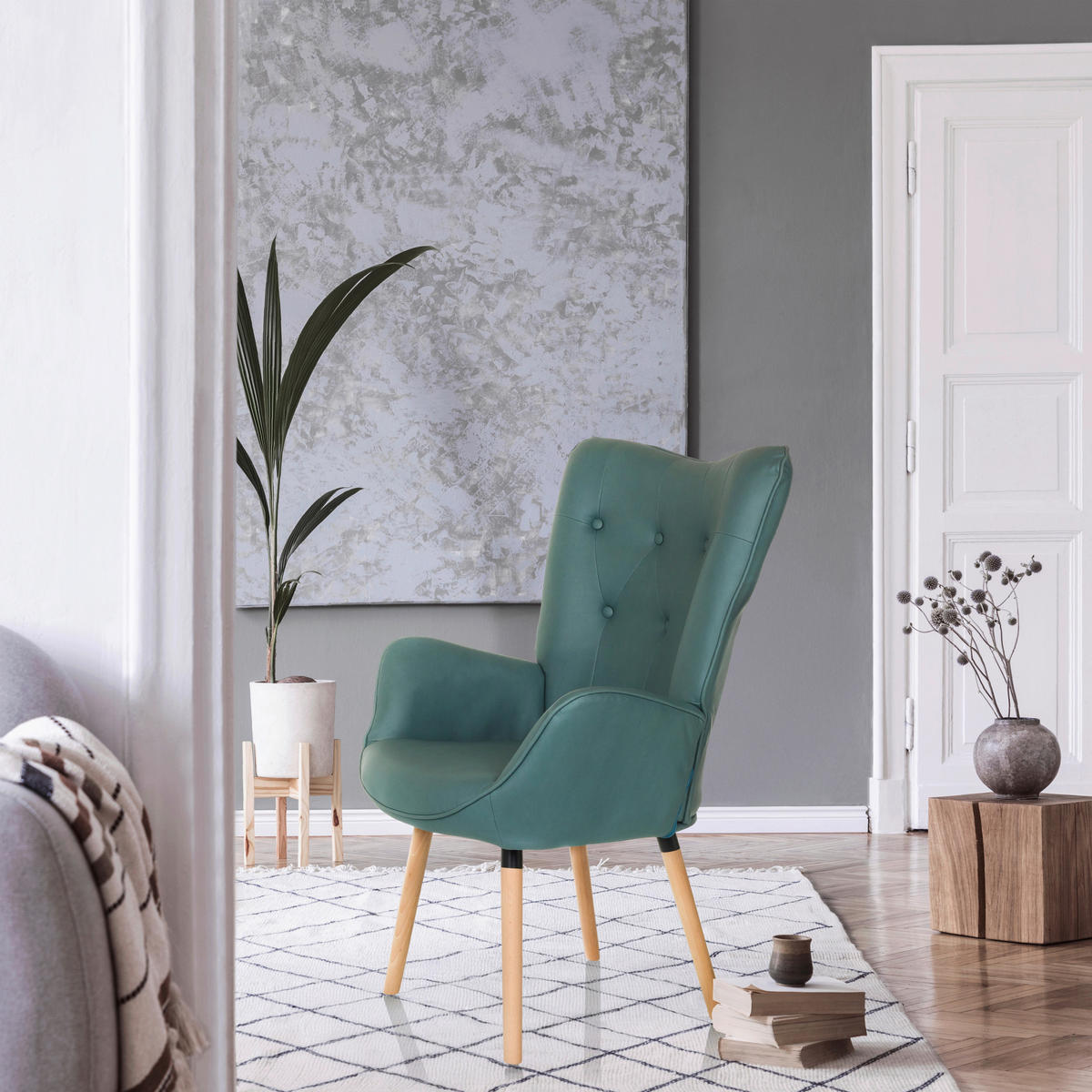 OHRENSESSEL in Velours Mintgrün  - Buchefarben/Mintgrün, MODERN, Holz/Textil (70/106/75cm) - MID.YOU