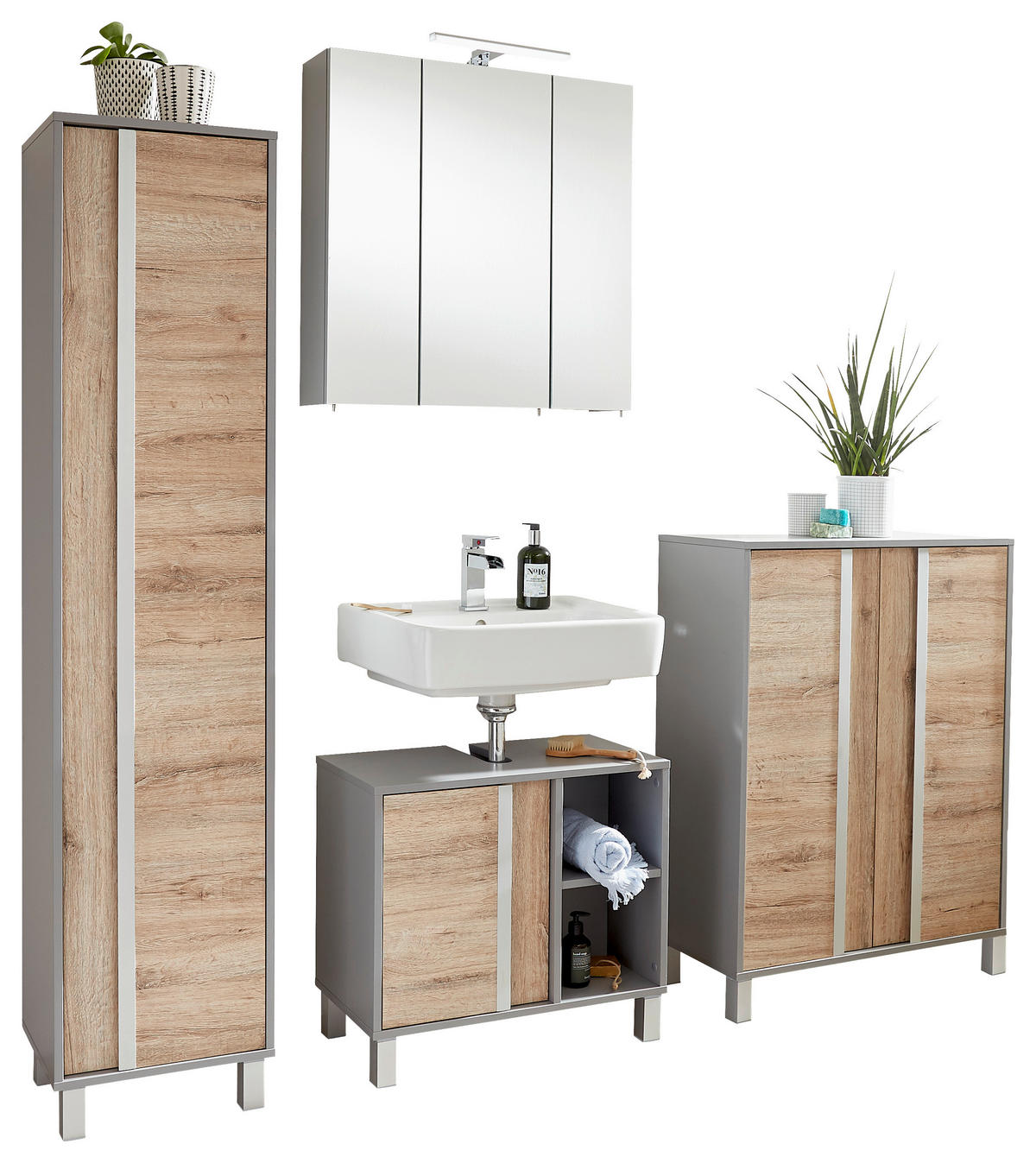 WASCHBECKENUNTERSCHRANK 65,5/58,5/33,5 cm  - Eichefarben/Silberfarben, KONVENTIONELL, Holzwerkstoff/Metall (65,5/58,5/33,5cm) - Stylife