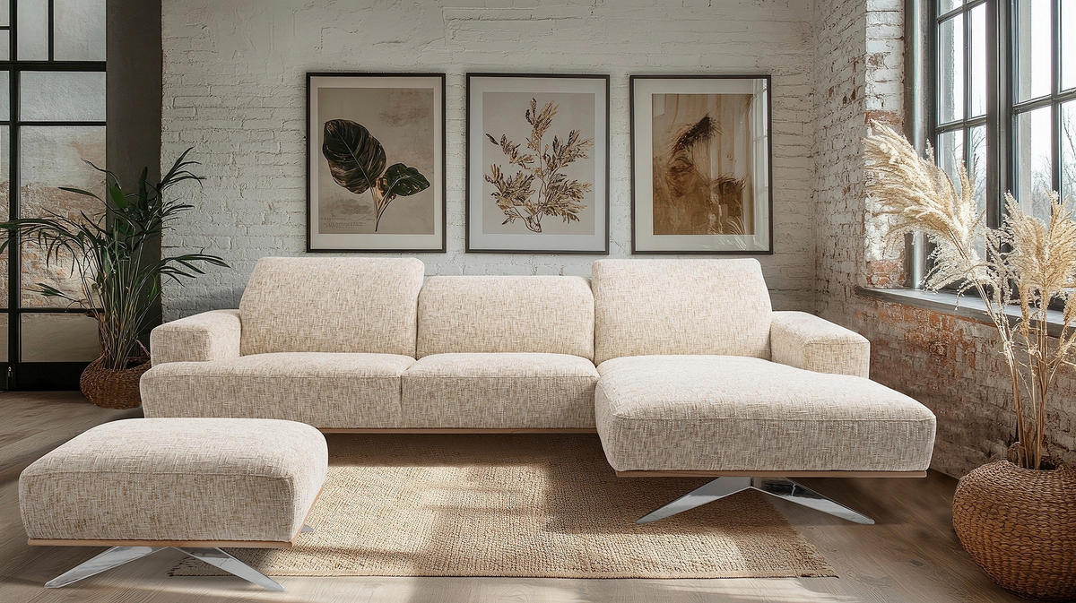 ECKSOFA PORTLAND in Struktur Beige Kopfteilverstellung  295/187 cm  - Chromfarben/Beige, Design, Holz/Textil (295/187cm) - Livetastic