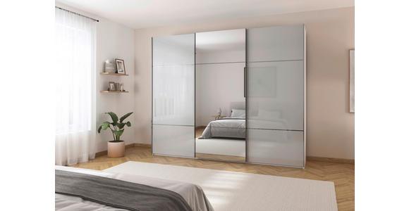 SCHWEBETÜRENSCHRANK 301/223/68 cm 3-türig Grau, Weiß - Chromfarben/Weiß, KONVENTIONELL, Glas/Holzwerkstoff (301/223/68cm) - Novel