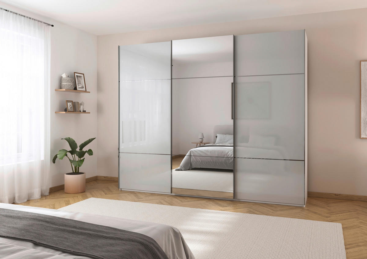 SCHWEBETÜRENSCHRANK 242/223/68 cm 3-türig Grau, Weiß  - Chromfarben/Weiß, KONVENTIONELL, Glas/Holzwerkstoff (242/223/68cm) - Novel