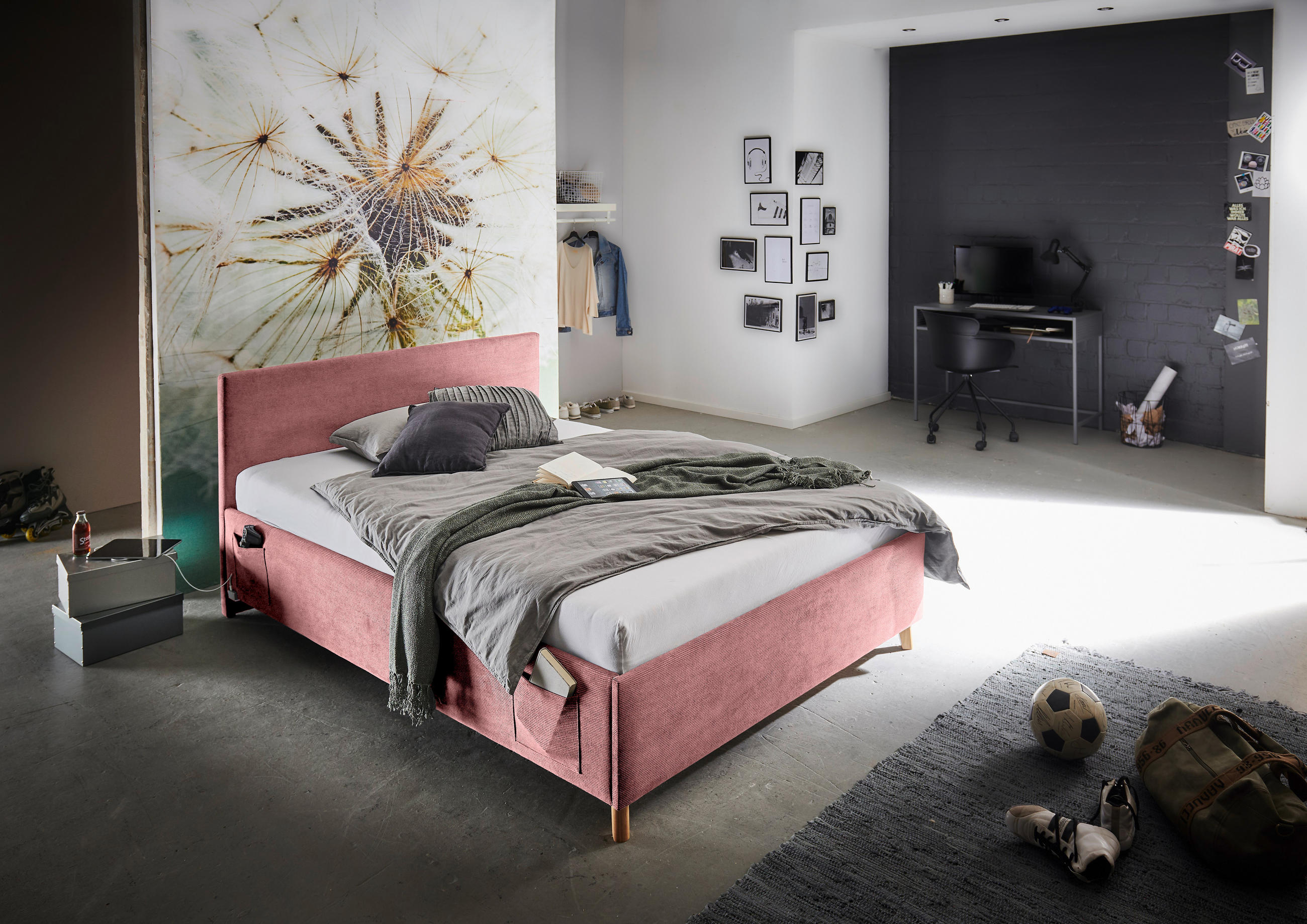 POLSTERBETT Rosa 140/200 cm  - Eichefarben/Rosa, KONVENTIONELL, Holz/Textil (140/200cm) - Stylife