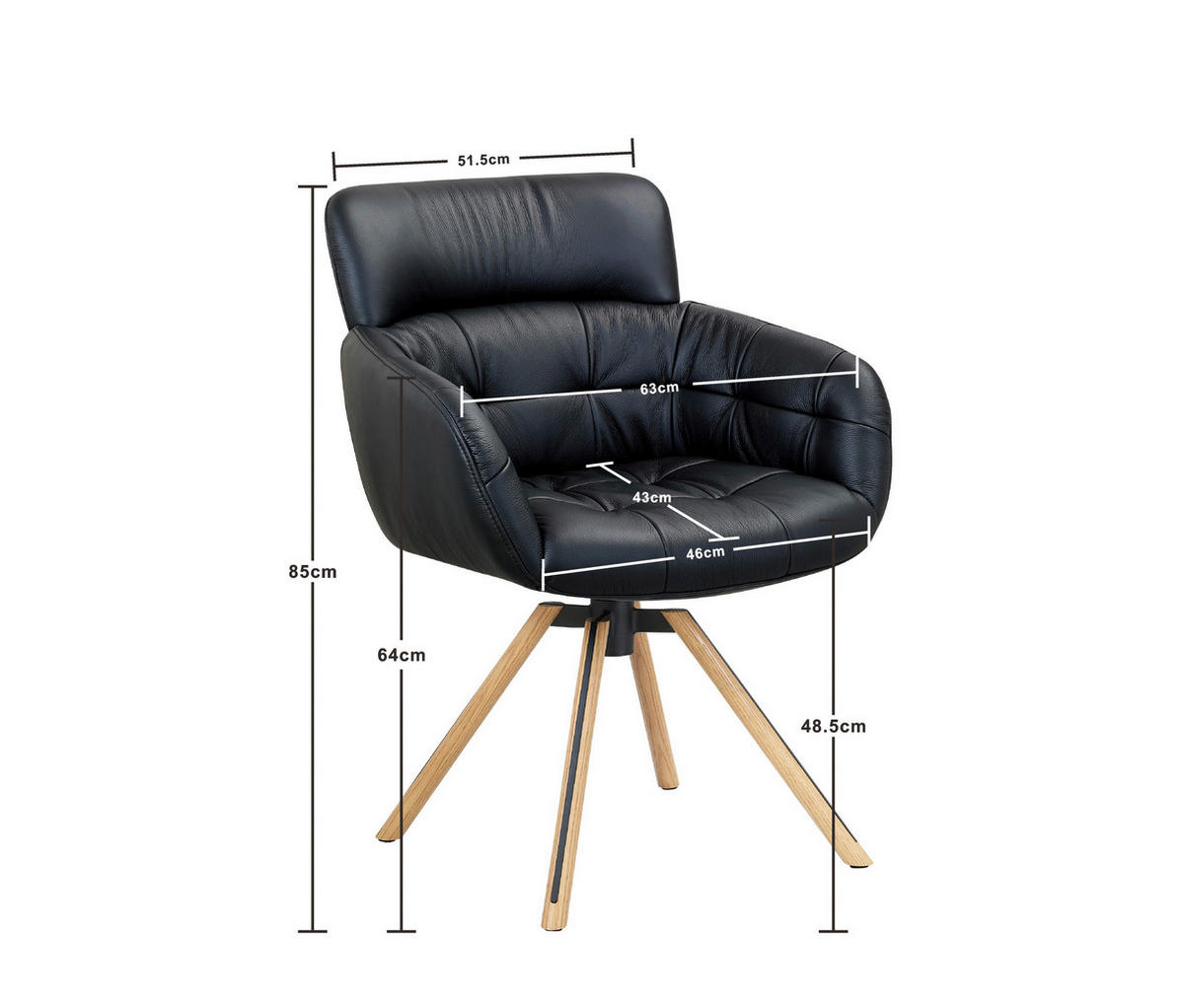 ARMLEHNSTUHL  Wippfunktion, Sitzfläche 360° drehbar, automatische Rückholfunktion  Echtleder  Schwarz, Eichefarben  - Eichefarben/Schwarz, KONVENTIONELL, Leder/Holz (63/84,5/62,5cm) - Valnatura