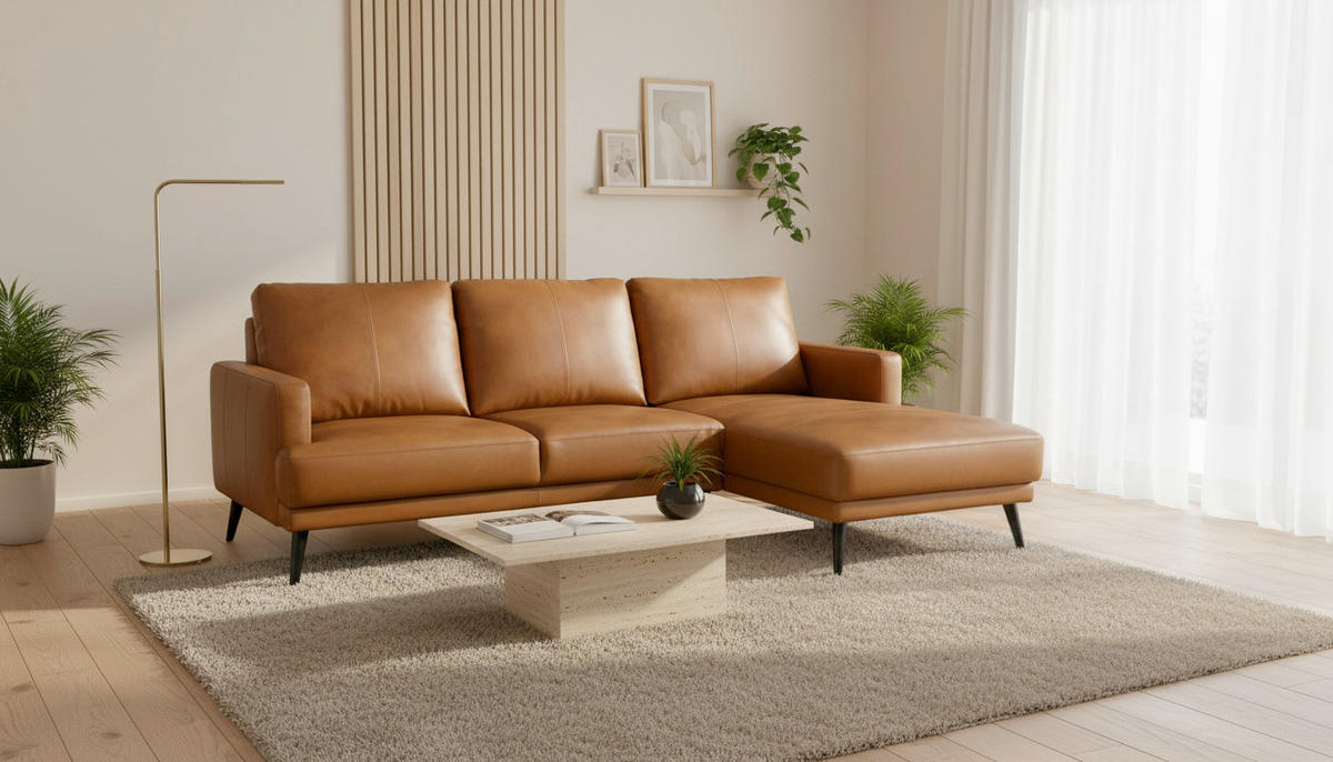 ECKSOFA ELANO Cognac Echtleder Lederlook  - Cognac/Schwarz, Design, Leder/Textil (231/153cm) - Livetastic
