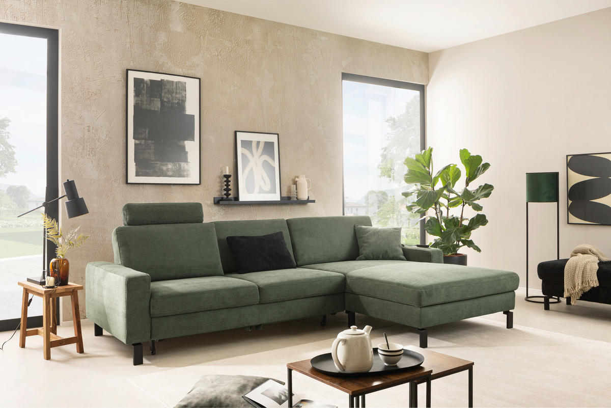 ECKSOFA in Cord Olivgrün  - Schwarz/Olivgrün, Design, Textil/Metall (185/298cm) - Pure Home Lifestyle