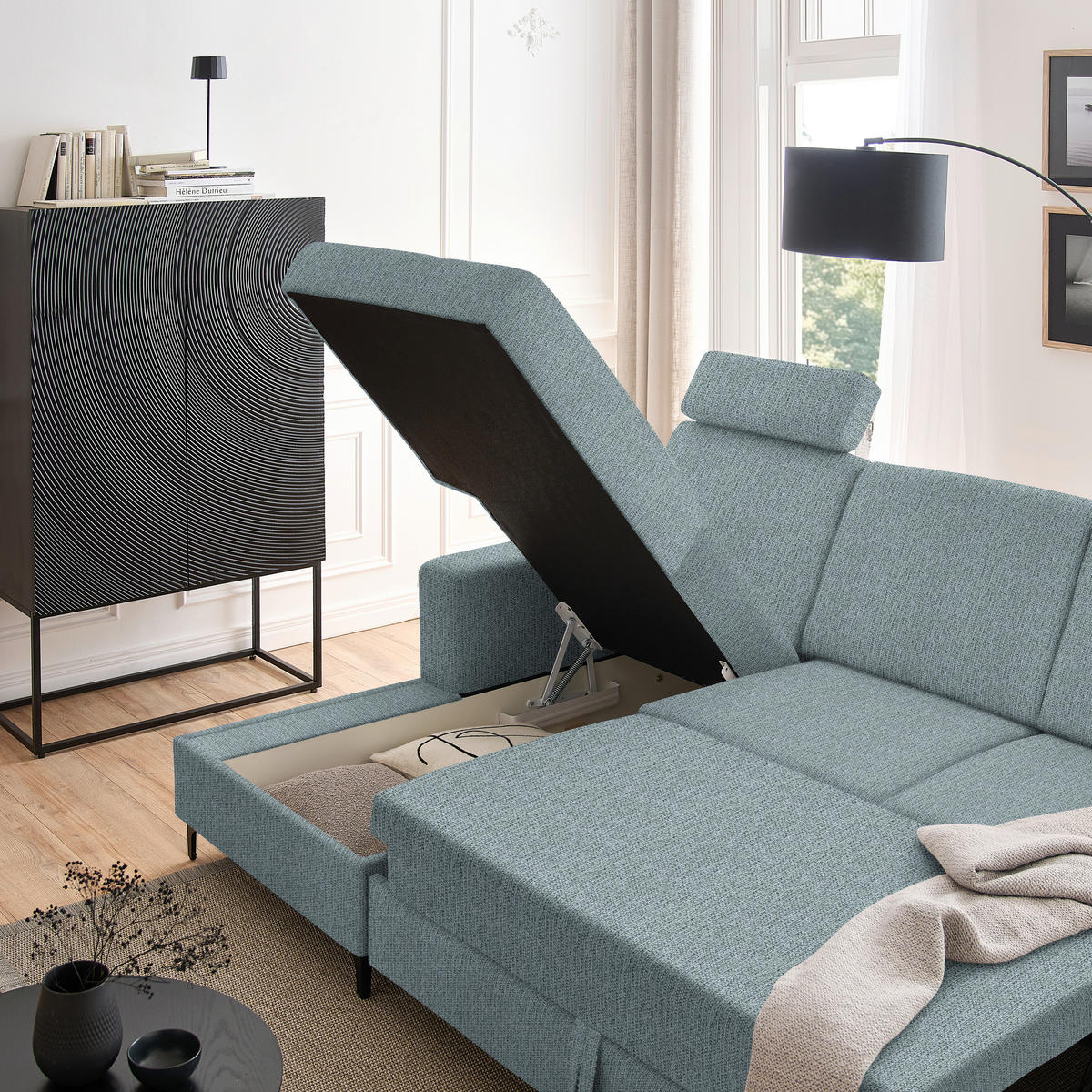 ECKSOFA Blaugrau Webstoff  - Blaugrau/Schwarz, KONVENTIONELL, Textil/Metall (167/247cm) - Stylife