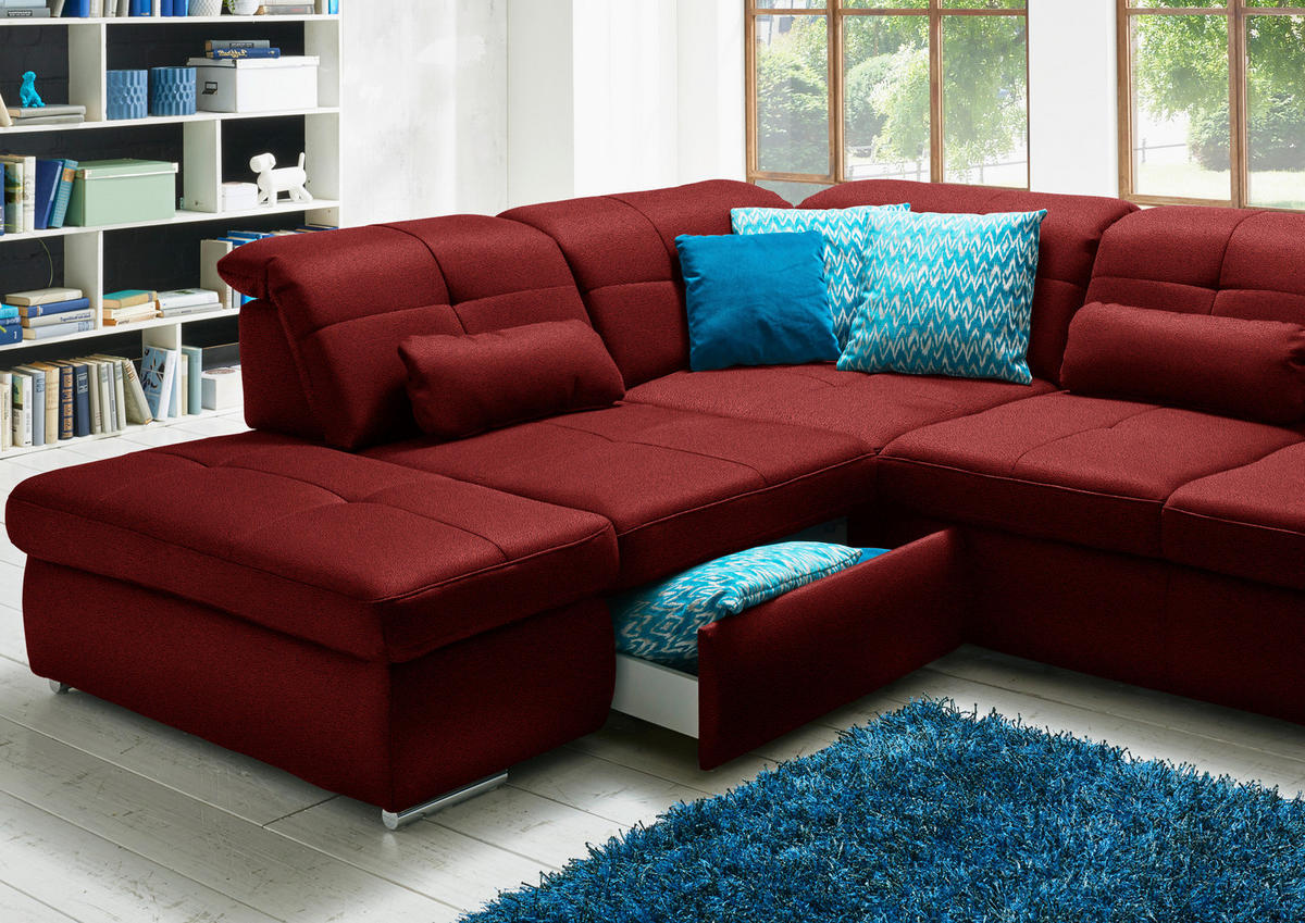 WOHNLANDSCHAFT  in Mikrofaser Dunkelrot  - Chromfarben/Dunkelrot, Design, Holzwerkstoff/Textil (260/371/195cm) - Beldomo Style