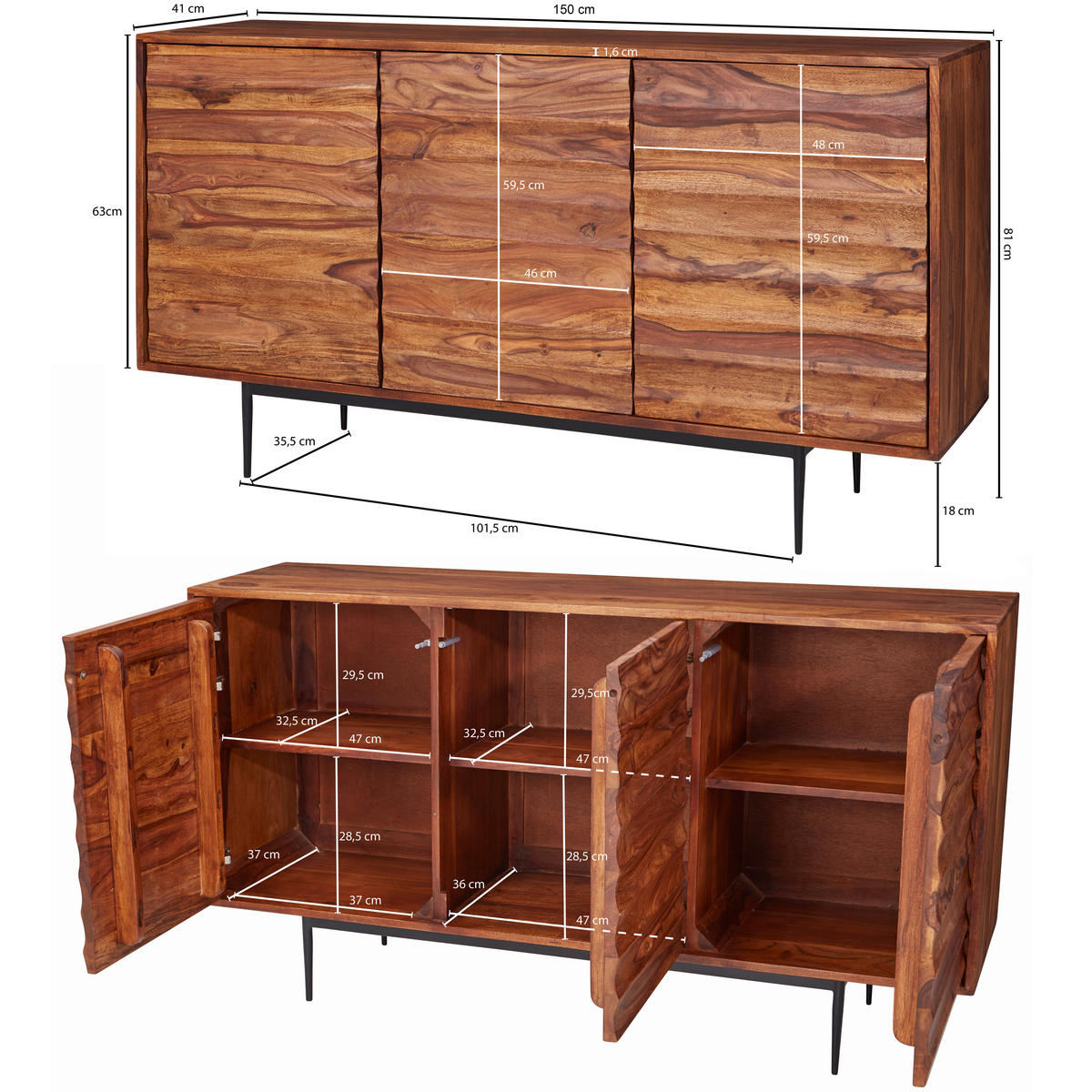 SIDEBOARD 150/81/41 cm  - Sheeshamfarben/Schwarz, Design, Holz/Metall (150/81/41cm) - MID.YOU