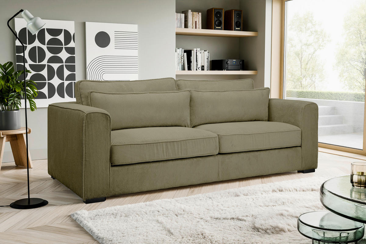 3-SITZER-SOFA ALMERA in Cord Khaki  - Khaki/Schwarz, Basics, Holz/Textil (241/92/112cm) - MID.YOU