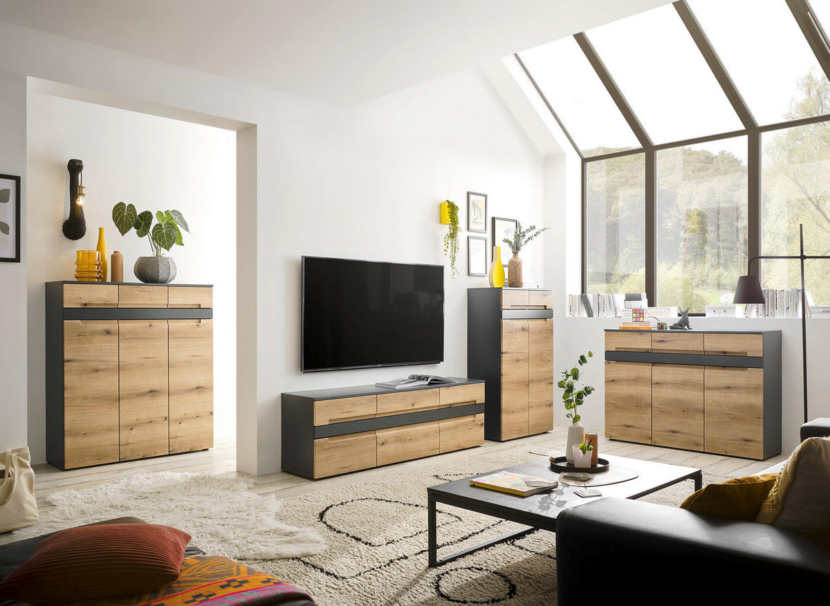 KOMODA, antracit, barve hrasta  - črna/barve hrasta, Design, umetna masa/leseni material (125/86/38cm) - MID.YOU