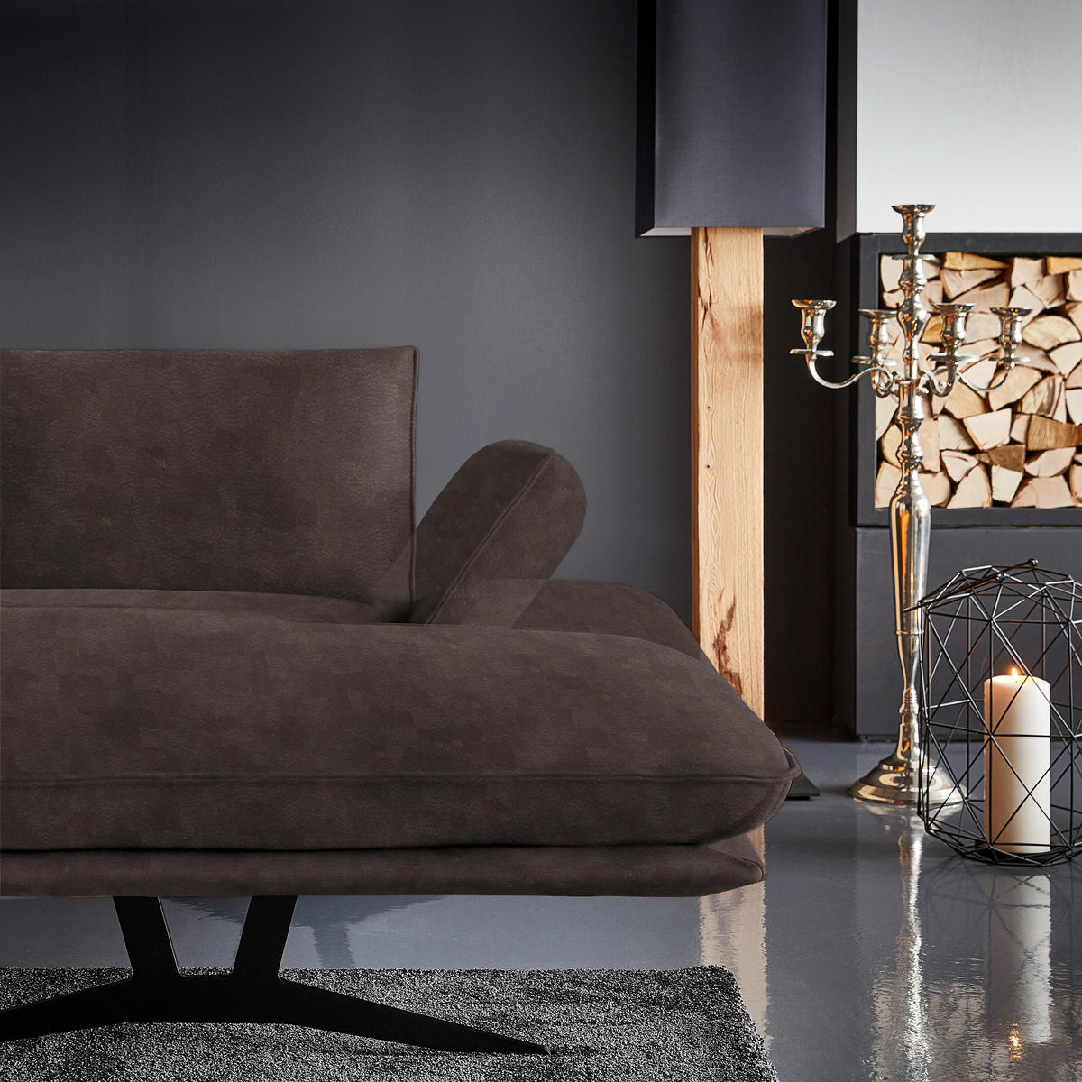 WOHNLANDSCHAFT  in Echtleder Braun  - Schwarz/Braun, Natur, Leder/Metall (217/359/155cm) - Dieter Knoll