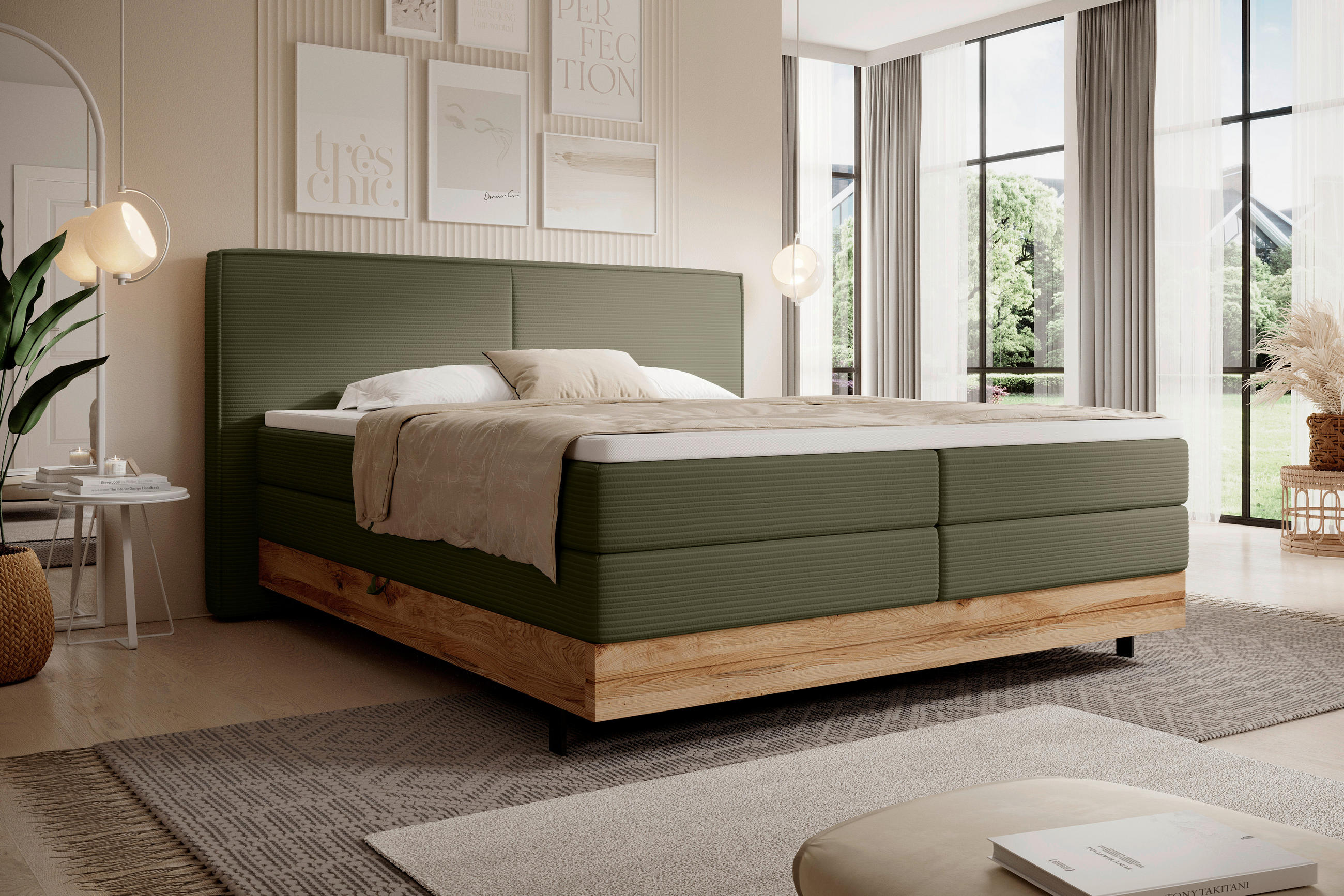 BOXSPRINGBETT 180/200 cm  in Olivgrün  - Schwarz/Olivgrün, Natur, Holz/Textil (180/200cm) - Valnatura