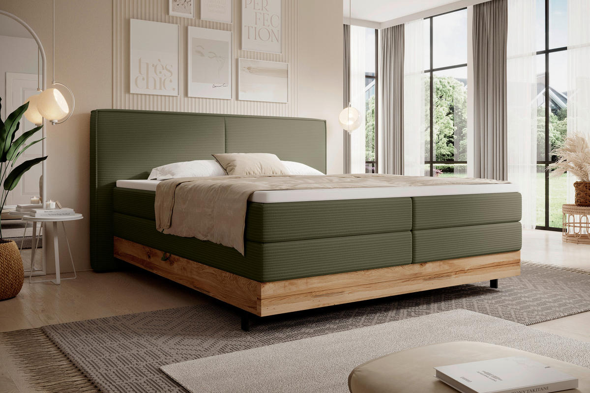 BOXSPRINGBETT 160/200 cm  in Olivgrün  - Schwarz/Olivgrün, Natur, Holz/Textil (160/200cm) - Valnatura