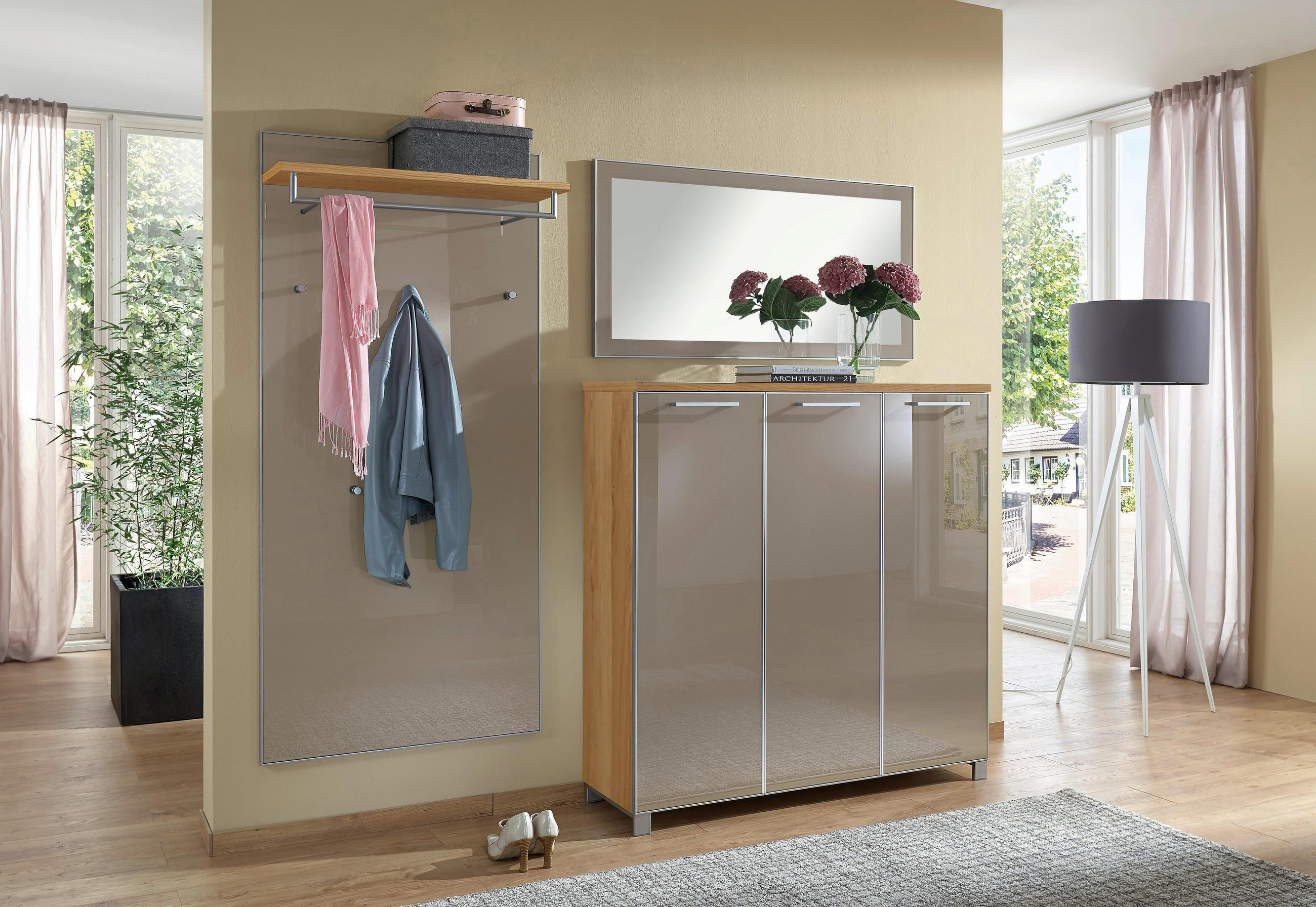 GARDEROBE Taupe, Eichefarben - Taupe/Eichefarben, Design, Glas/Holz (215/195/37cm)
