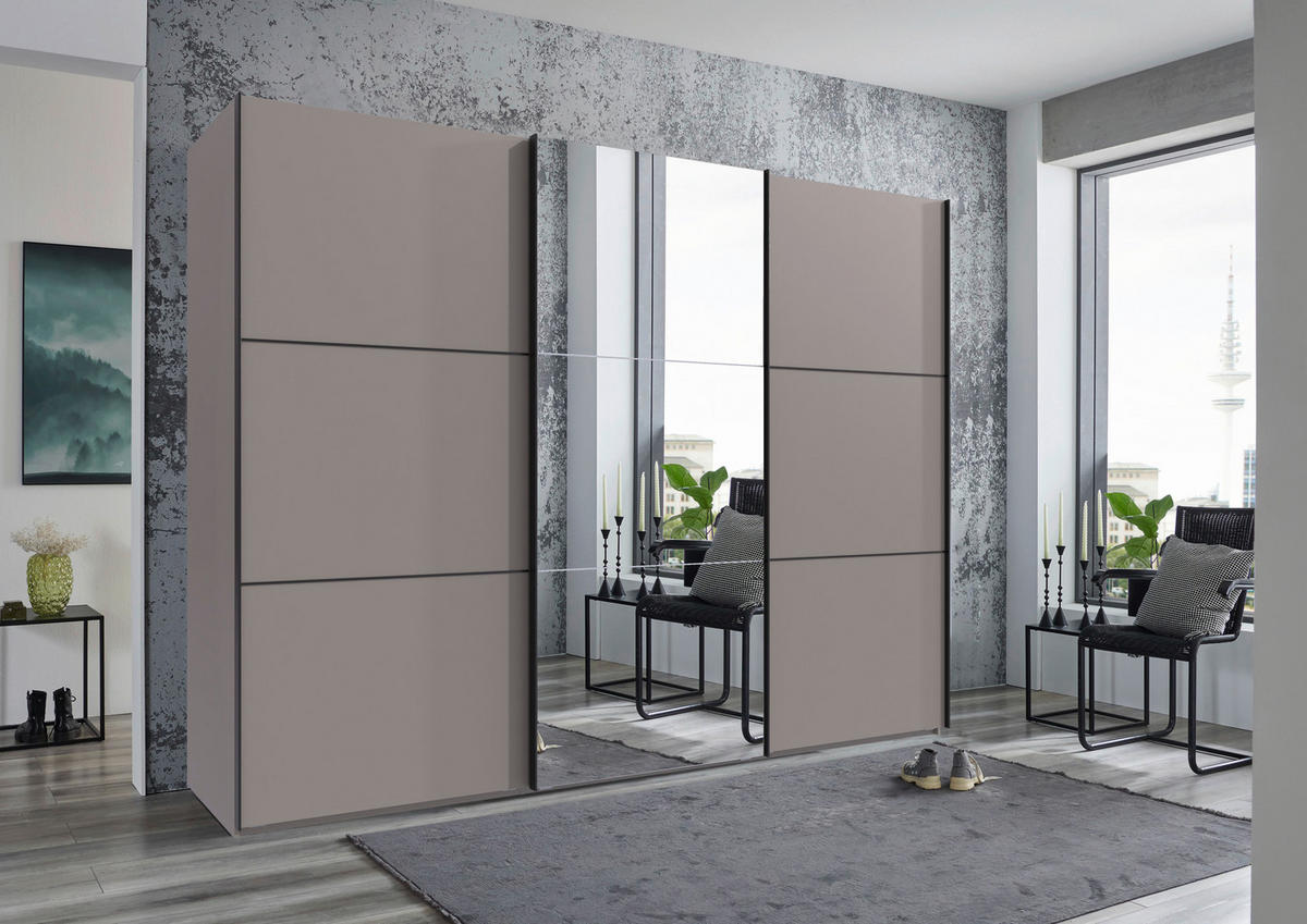 SCHWEBETÜRENSCHRANK 300/216/65 cm 3-türig Grau, Schwarz  - Schwarz/Grau, KONVENTIONELL, Glas/Holzwerkstoff (300/216/65cm) - Stylife