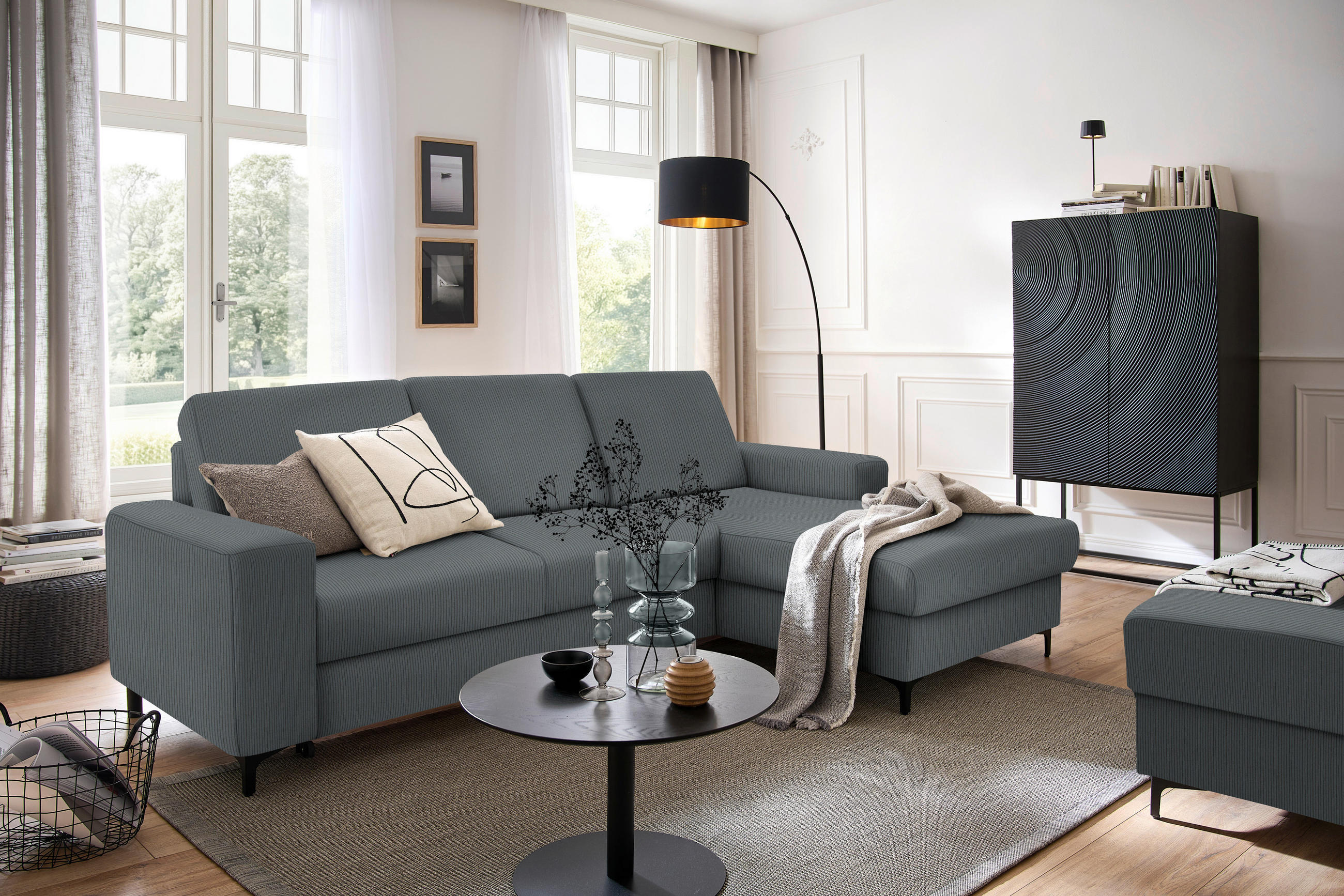 ECKSOFA in Cord Grau  - Schwarz/Grau, Konventionell, Textil/Metall (247/167cm) - Stylife