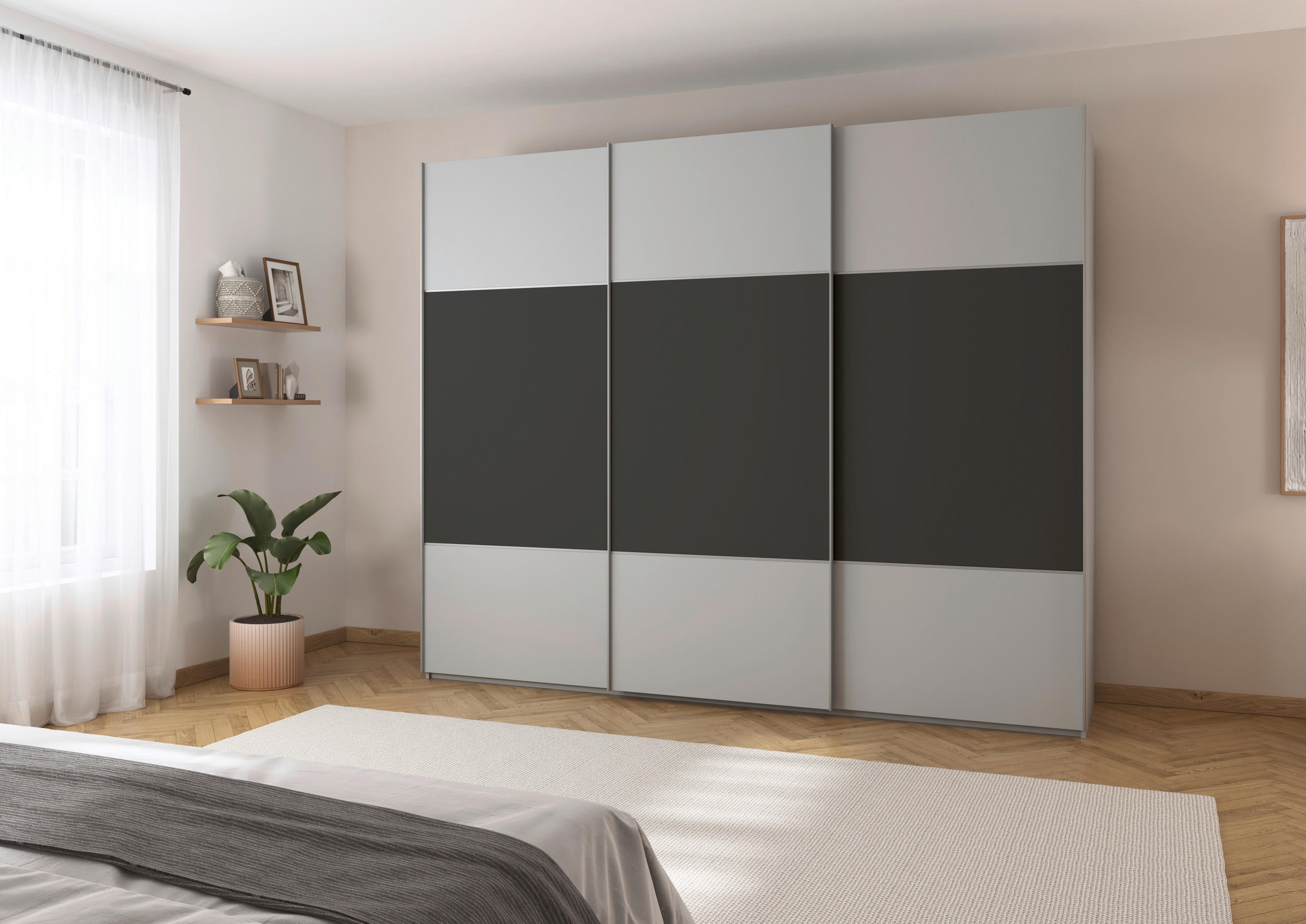 SCHWEBETÜRENSCHRANK 242/223/68 cm 3-türig Graphitfarben, Grau  - Alufarben/Graphitfarben, KONVENTIONELL, Holzwerkstoff/Metall (242/223/68cm) - Novel