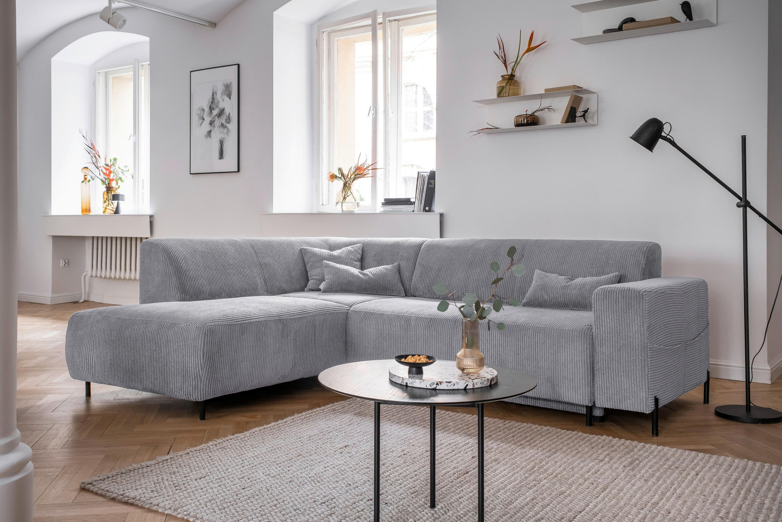 ECKSOFA in Cord Hellgrau  192/250 cm  - Hellgrau/Schwarz, Textil/Metall (192/250cm) - MID.YOU