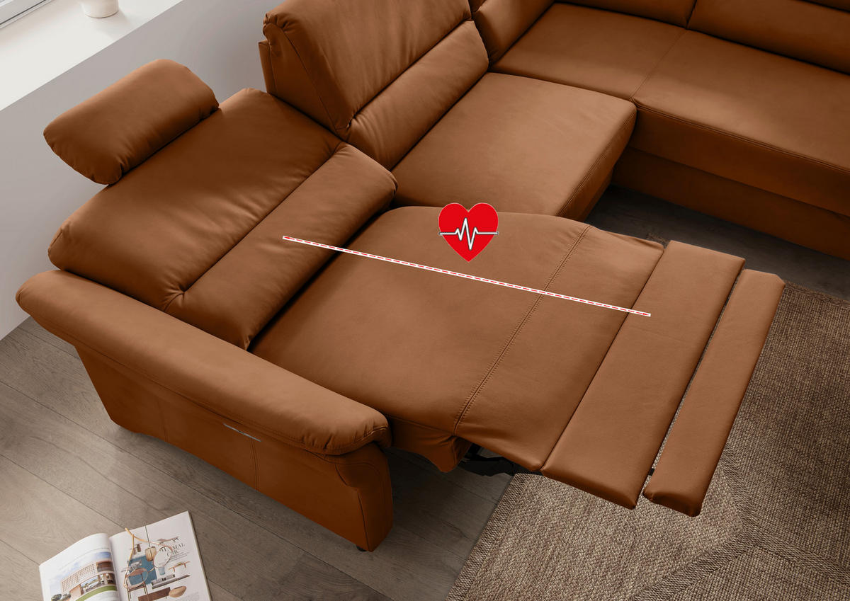 ECKSOFA in Lederlook Cognac  - Cognac/Schwarz, Modern, Holz/Textil (266/190cm) - Livetastic